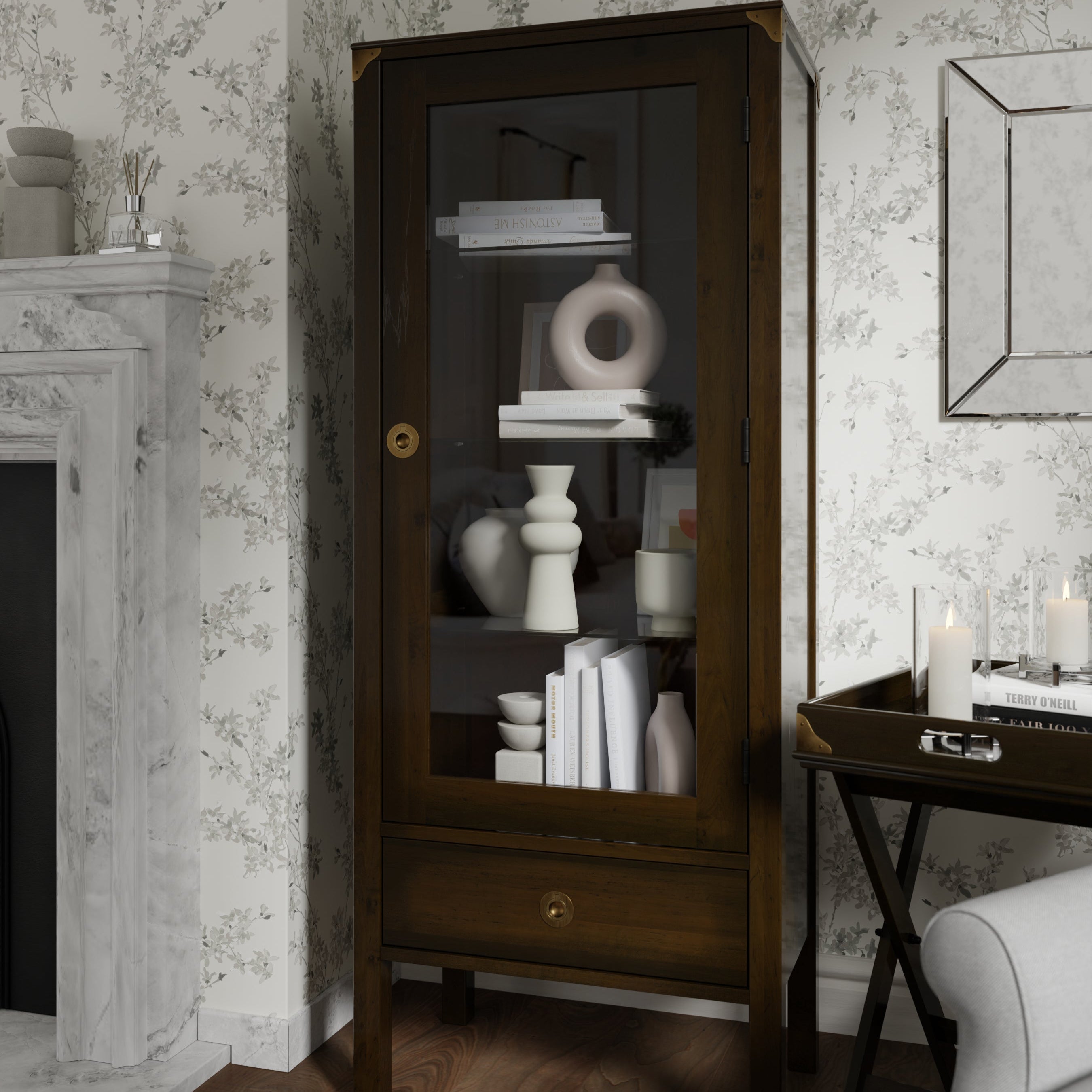 LAURA ASHLEY Balmoral 1-Door 1-Drawer Dark Chestnut Display Unit in Birch