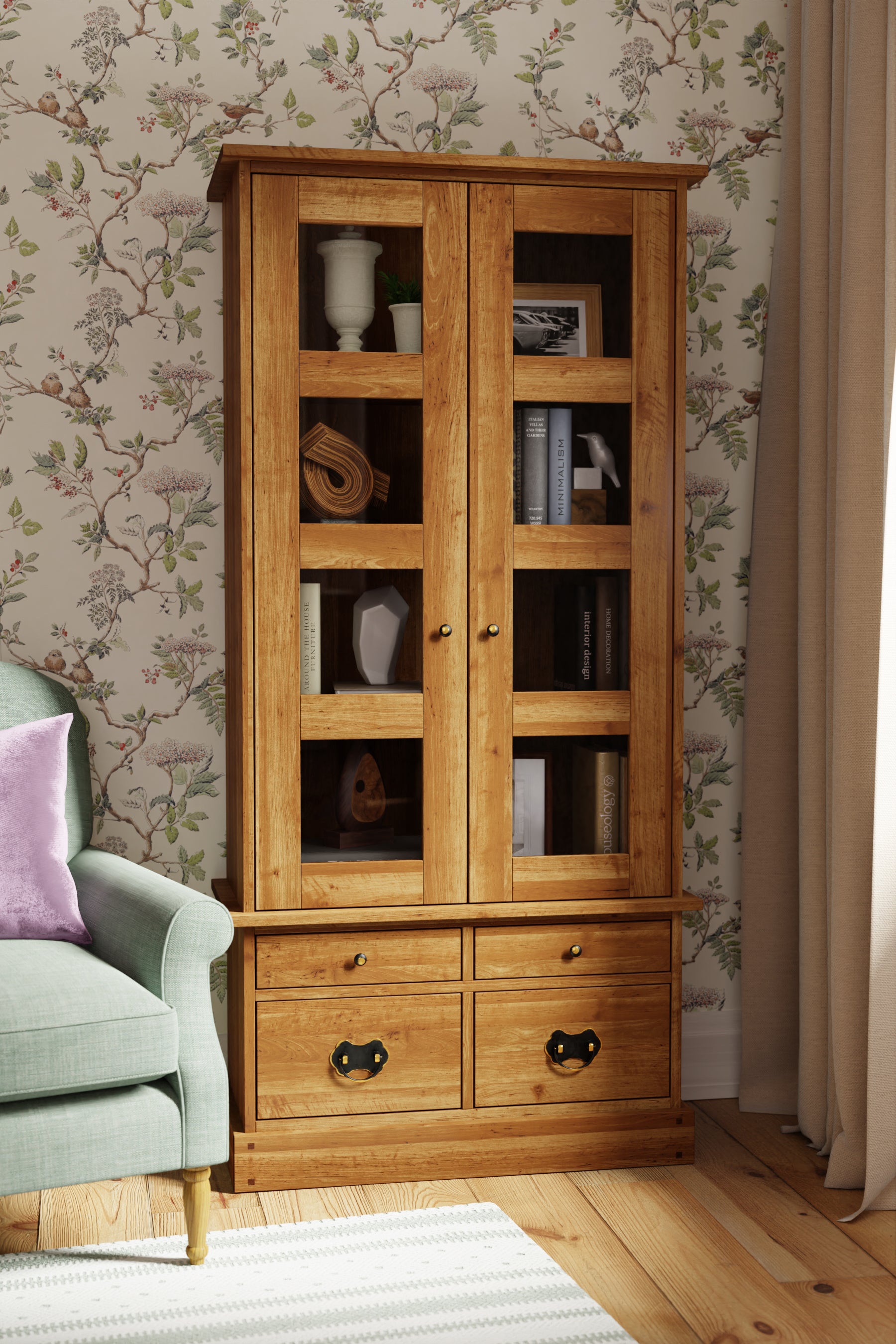 LAURA ASHLEY Garrat 2-Door 4-Drawer Honey Display Cabinet in Solid Birch