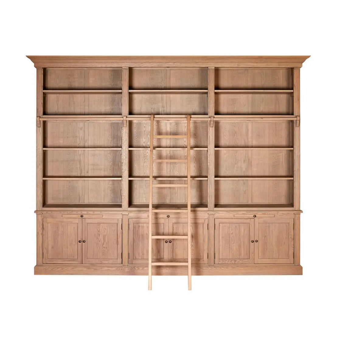 REGINA STUDIO Bodleian 3-Section Bookcase with Ladder in 100% American Oak, Colonial Style, 308 x 240 x 44 cm