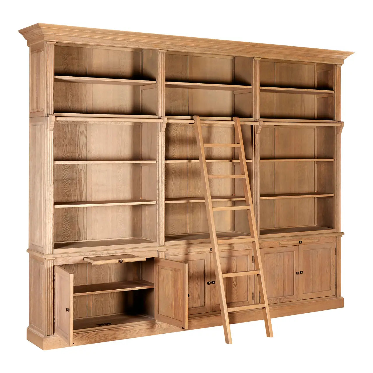 REGINA STUDIO Bodleian 3-Section Bookcase with Ladder in 100% American Oak, Colonial Style, 308 x 240 x 44 cm