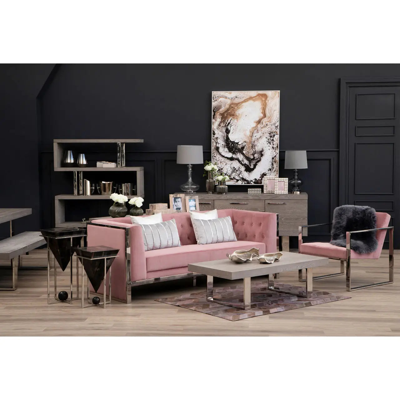 REGINA STUDIO Tulip 3-Seater Sofa in Pink Velvet With Polished Stainless Steel Frame, 200cm - Regina Luxury Interiors