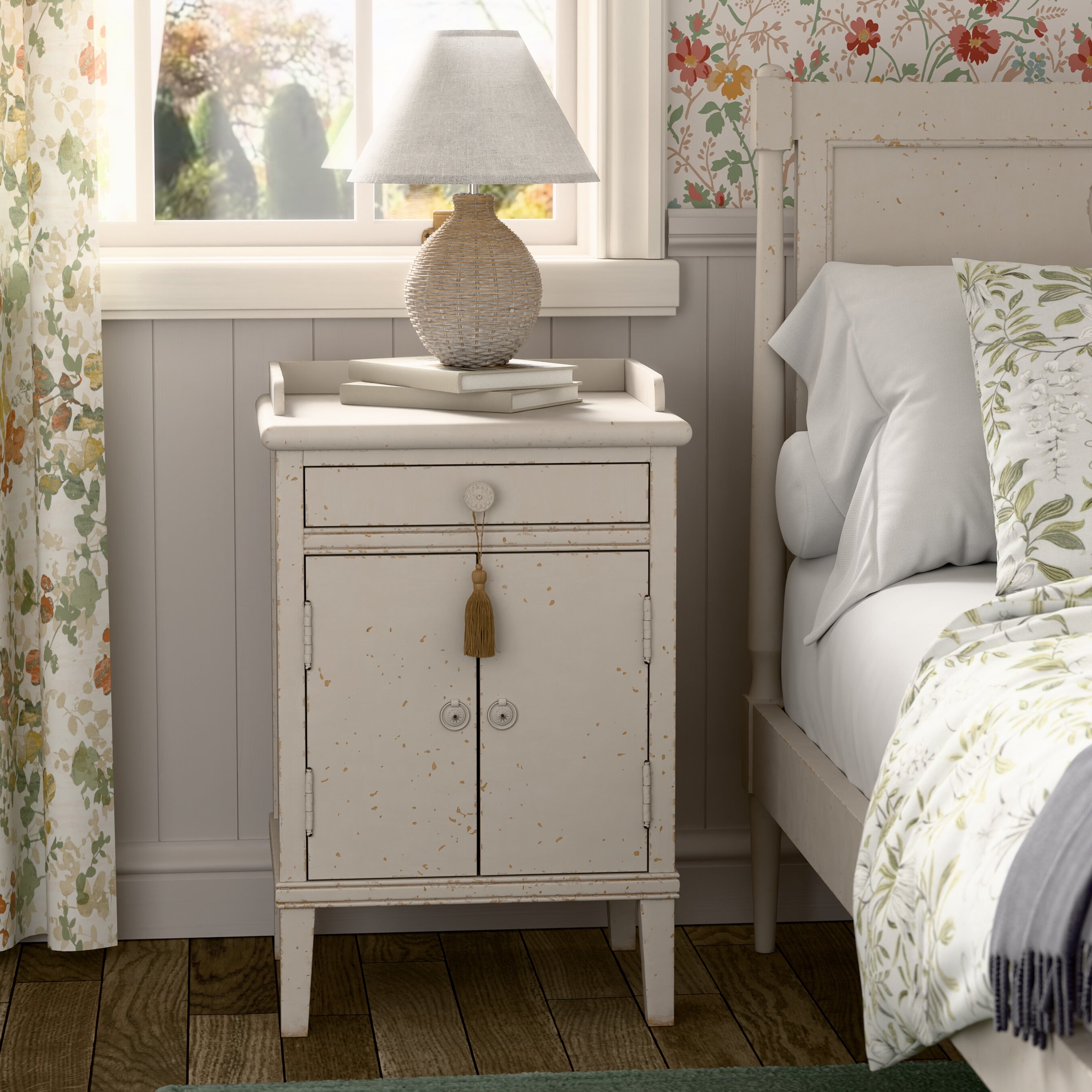 LAURA ASHLEY Annaside 2-Door 1-Drawer Solid Poplar Bedside Cabinet in Antique White, 74 x 48 cm - Regina Luxury Interiors