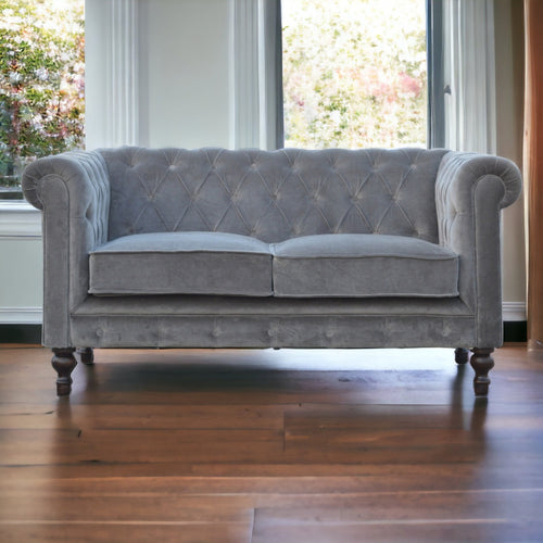 ARTISAN FURNITURE Grey Chesterfield Handcrafted 2-Seater Sofa | Velvet and Mango Wood