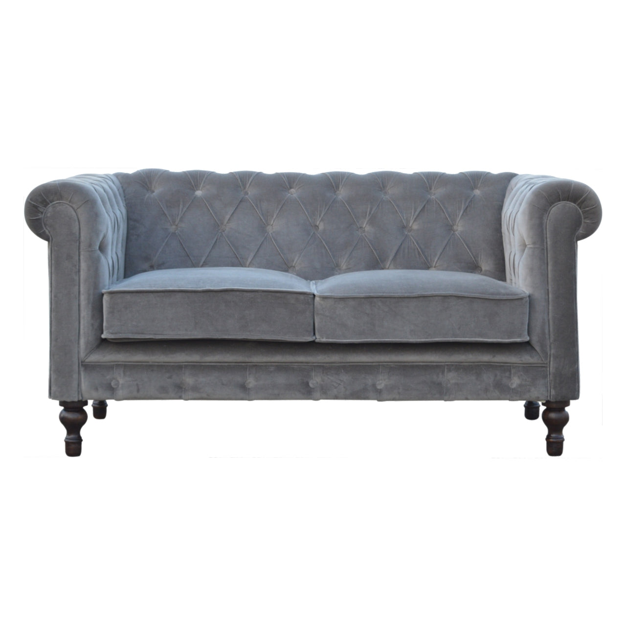 ARTISAN FURNITURE Grey Chesterfield Handcrafted 2-Seater Sofa | Velvet and Mango Wood