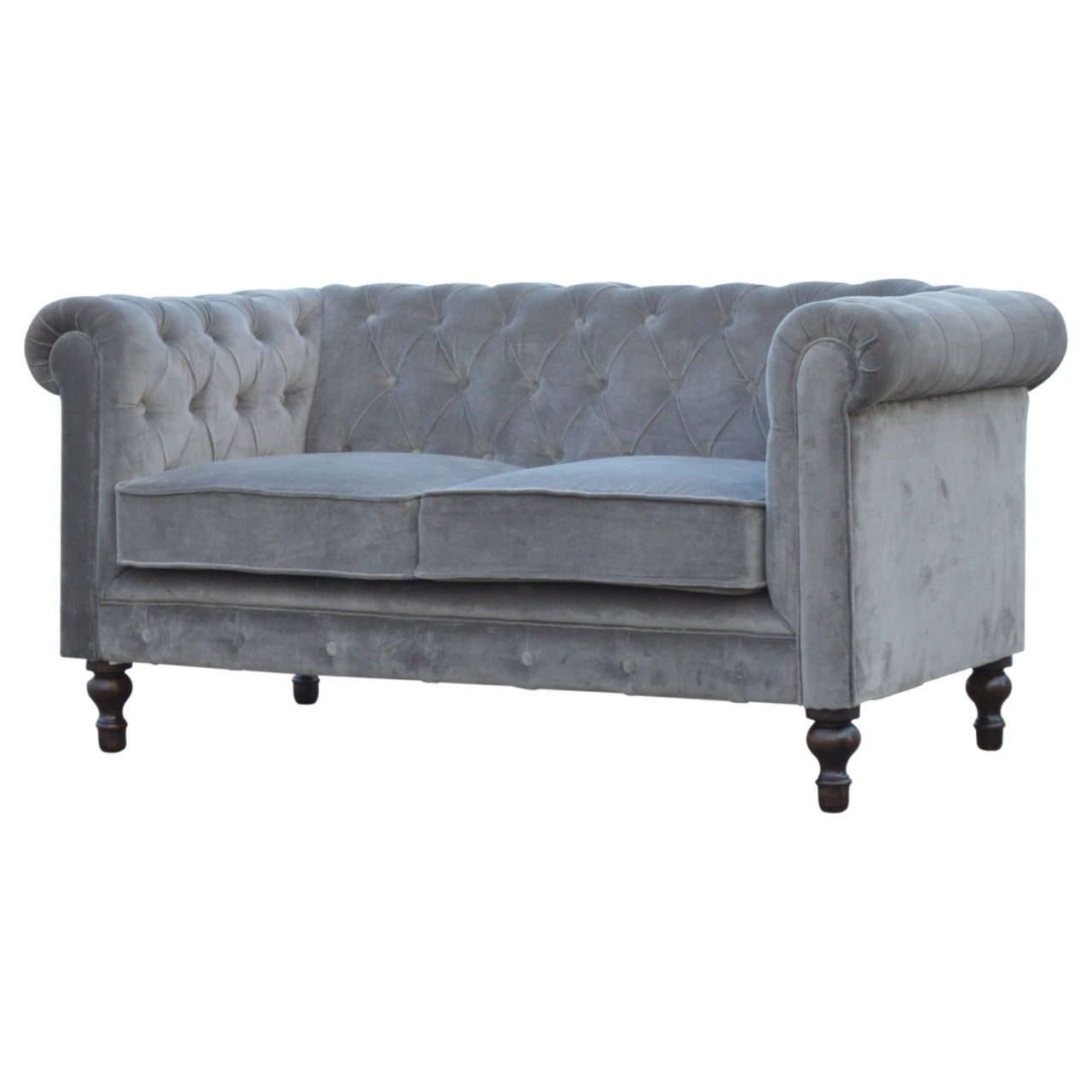 ARTISAN FURNITURE Grey Chesterfield Handcrafted 2-Seater Sofa | Velvet and Mango Wood