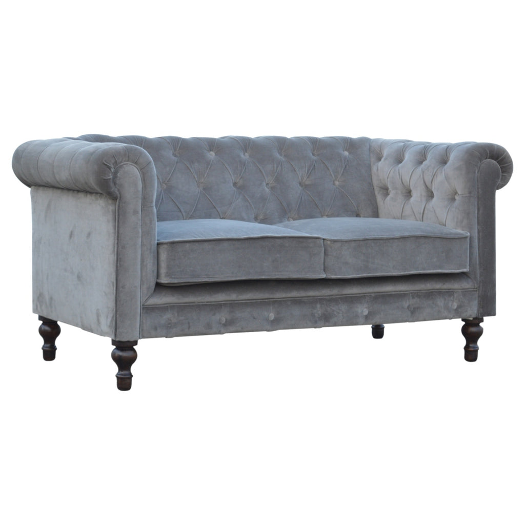 ARTISAN FURNITURE Grey Chesterfield Handcrafted 2-Seater Sofa | Velvet and Mango Wood