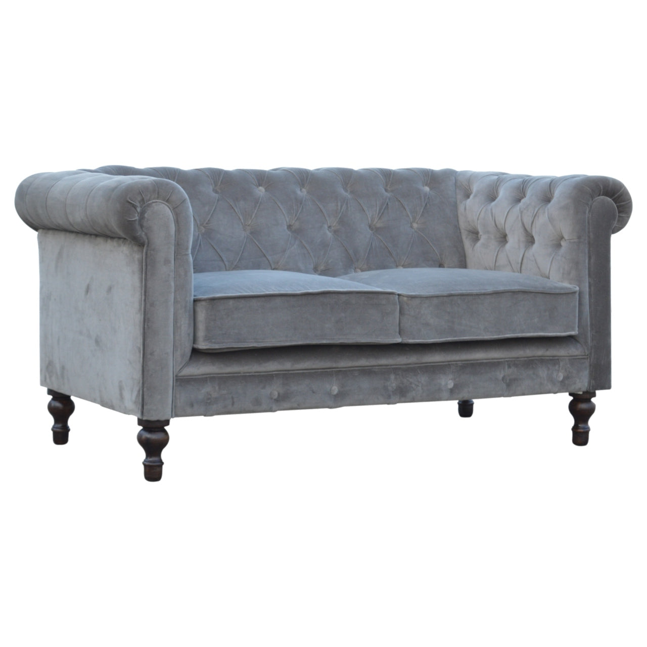 ARTISAN FURNITURE Grey Chesterfield Handcrafted 2-Seater Sofa | Velvet and Mango Wood
