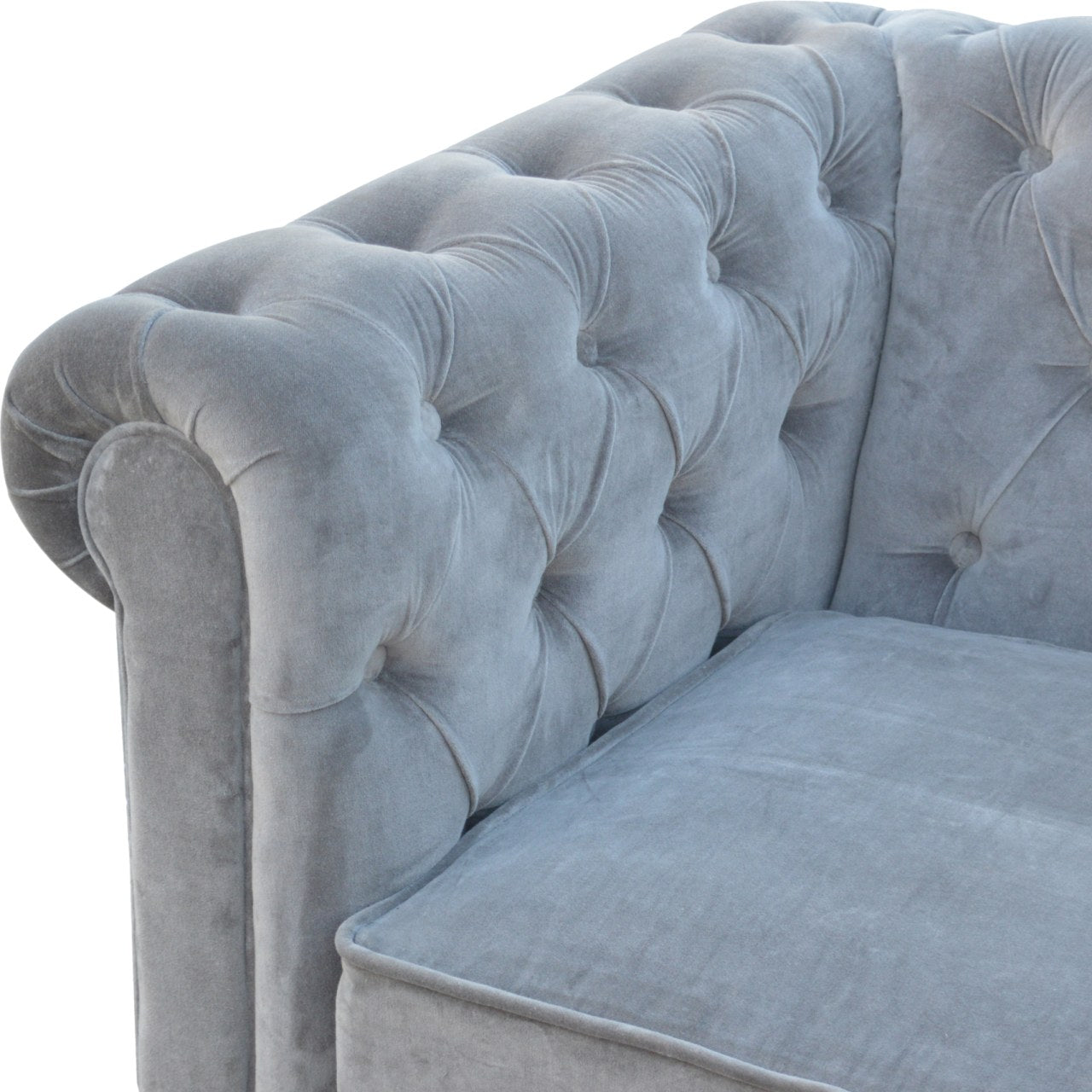 ARTISAN FURNITURE Grey Chesterfield Handcrafted 2-Seater Sofa | Velvet and Mango Wood