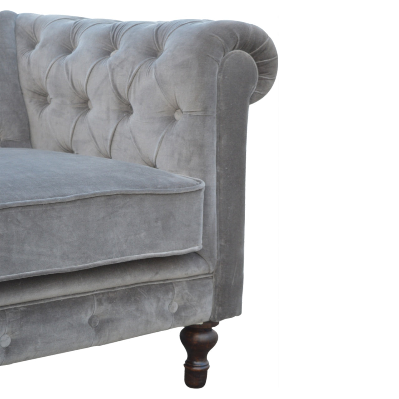 ARTISAN FURNITURE Grey Chesterfield Handcrafted 2-Seater Sofa | Velvet and Mango Wood