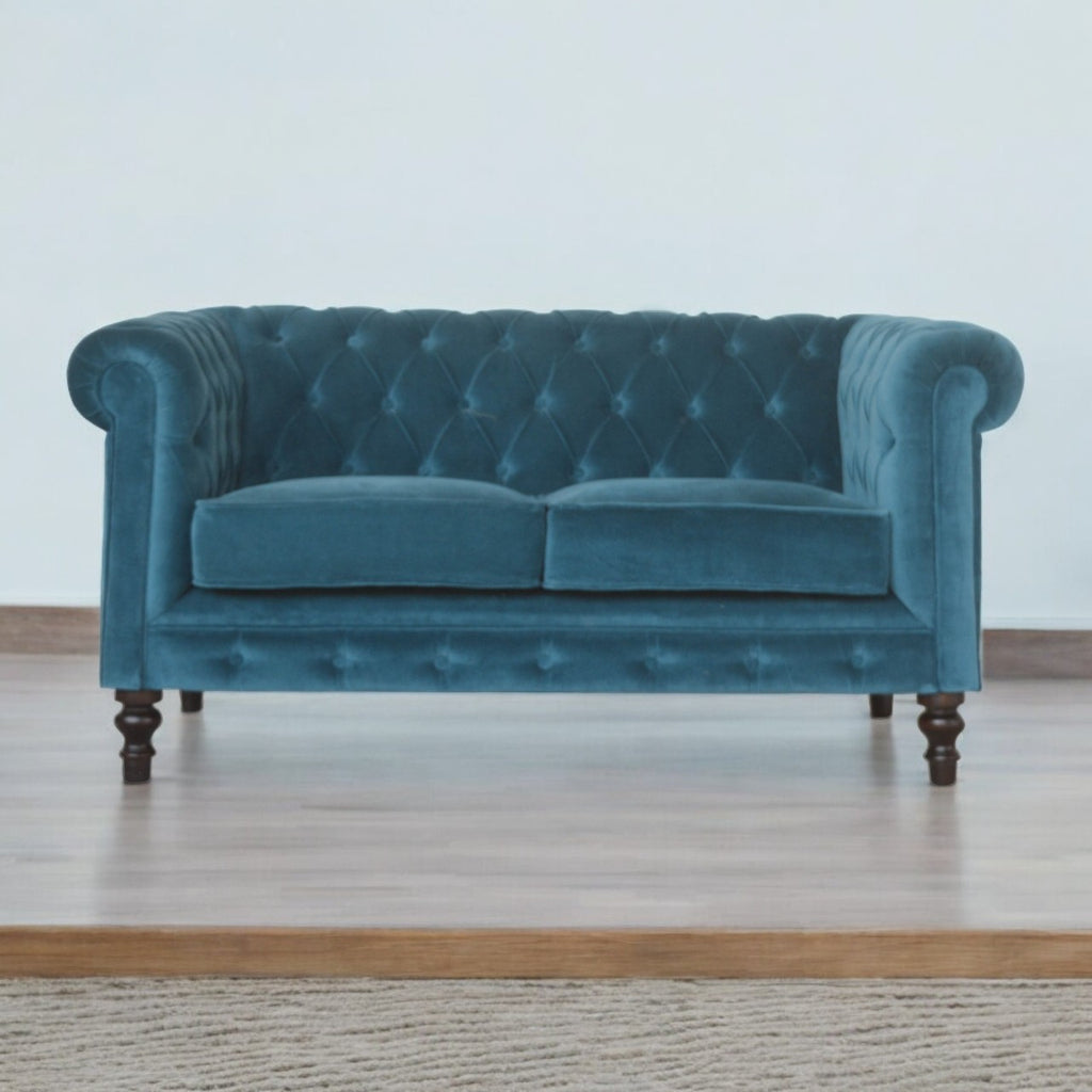 ARTISAN FURNITURE Teal Chesterfield 2-Seater Sofa | Velvet and Mango Wood
