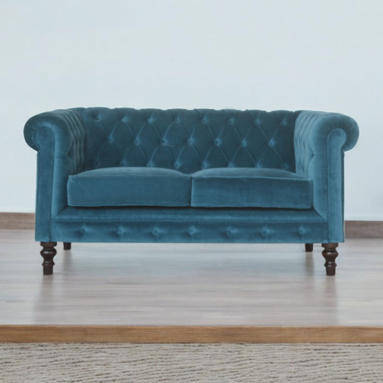 ARTISAN FURNITURE Teal Chesterfield 2-Seater Sofa | Velvet and Mango Wood