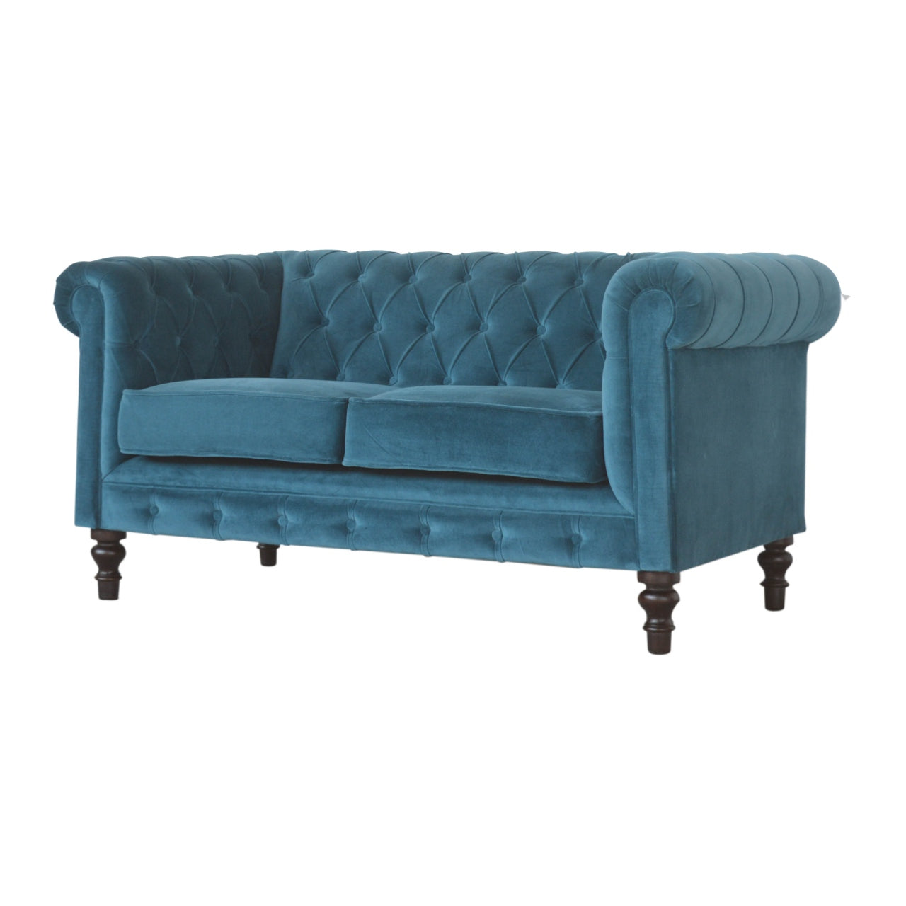 ARTISAN FURNITURE Teal Chesterfield 2-Seater Sofa | Velvet and Mango Wood