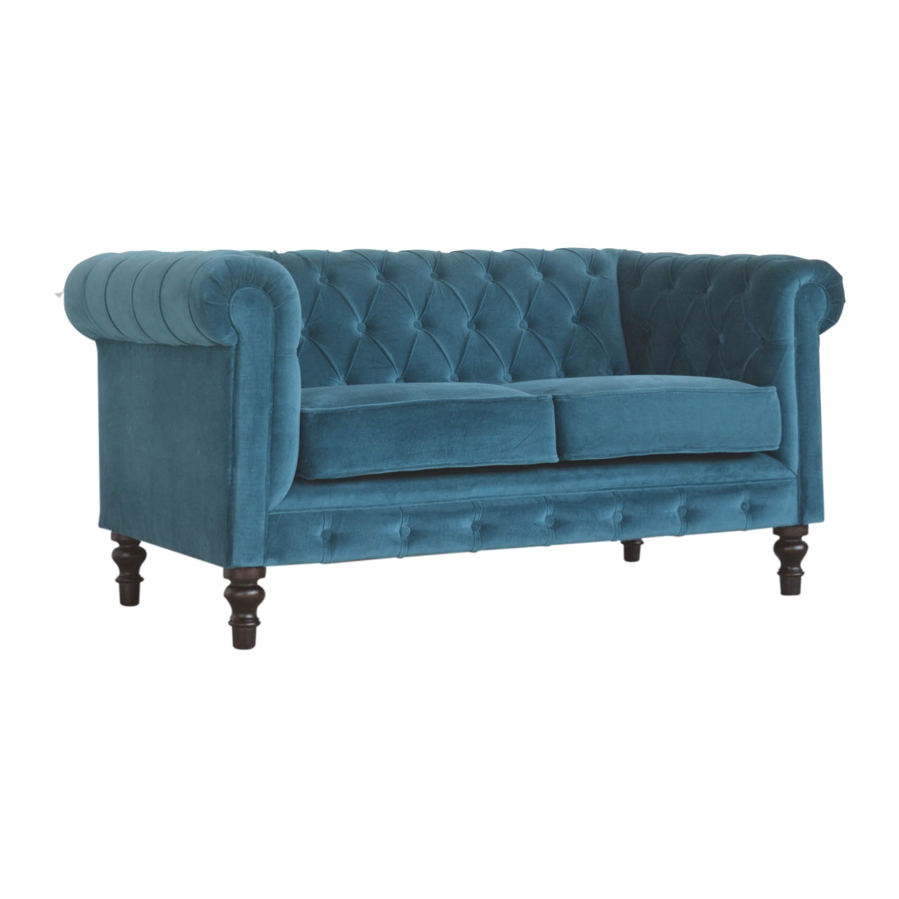 ARTISAN FURNITURE Teal Chesterfield 2-Seater Sofa | Velvet and Mango Wood