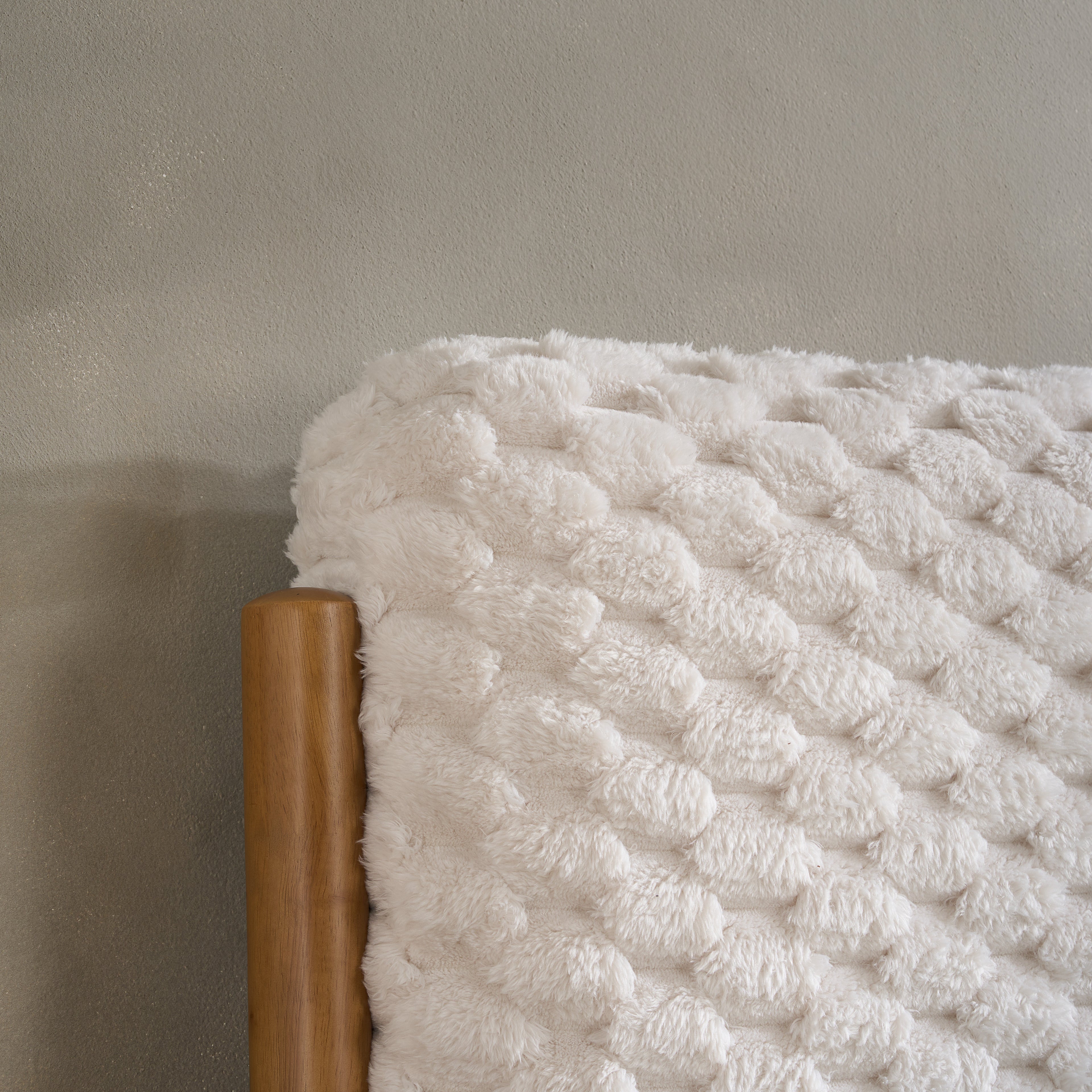 BIRLEA Hatti DOUBLE Bed in White Faux Fur and Natural Wood