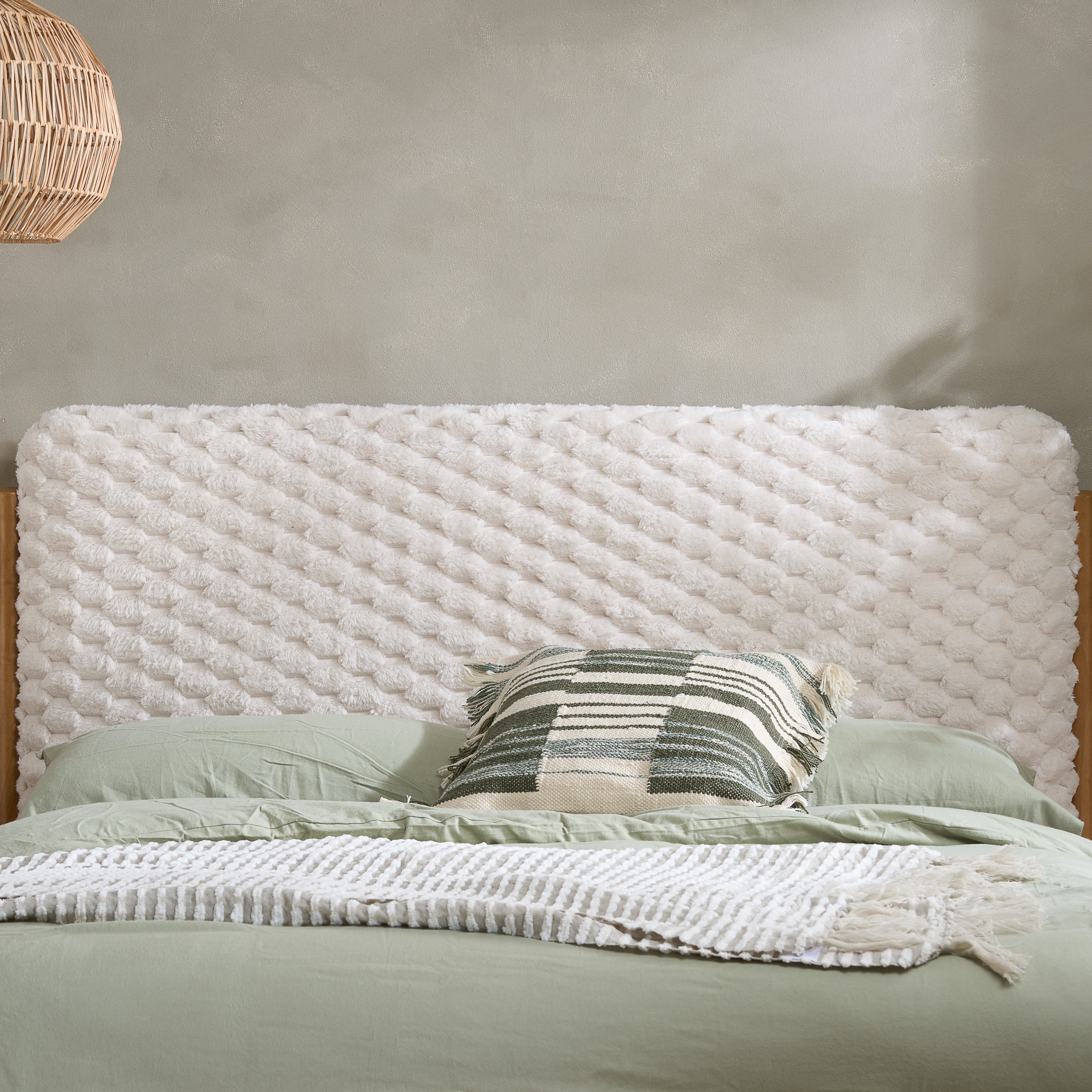 BIRLEA Hatti DOUBLE Bed in White Faux Fur and Natural Wood