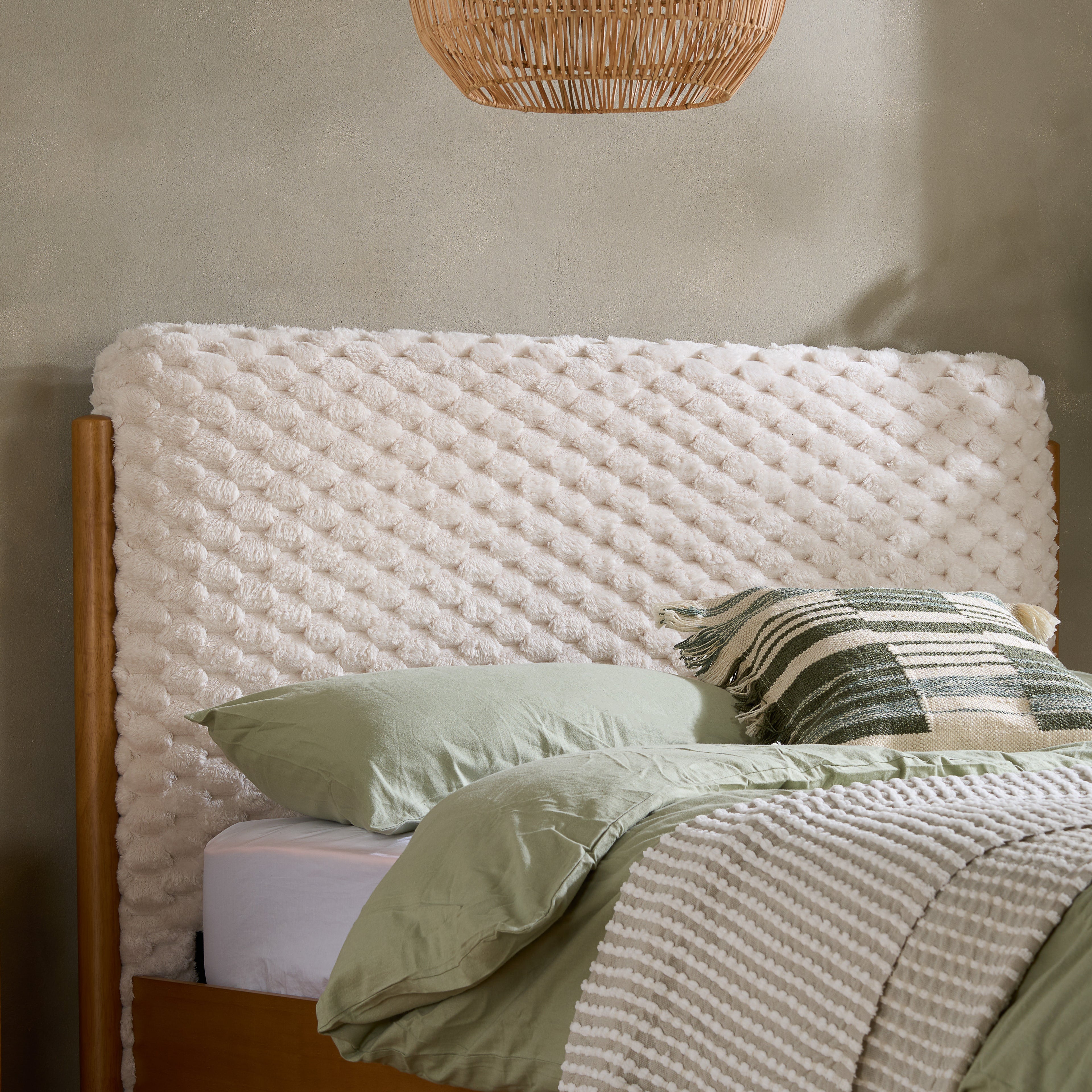 BIRLEA Hatti DOUBLE Bed in White Faux Fur and Natural Wood