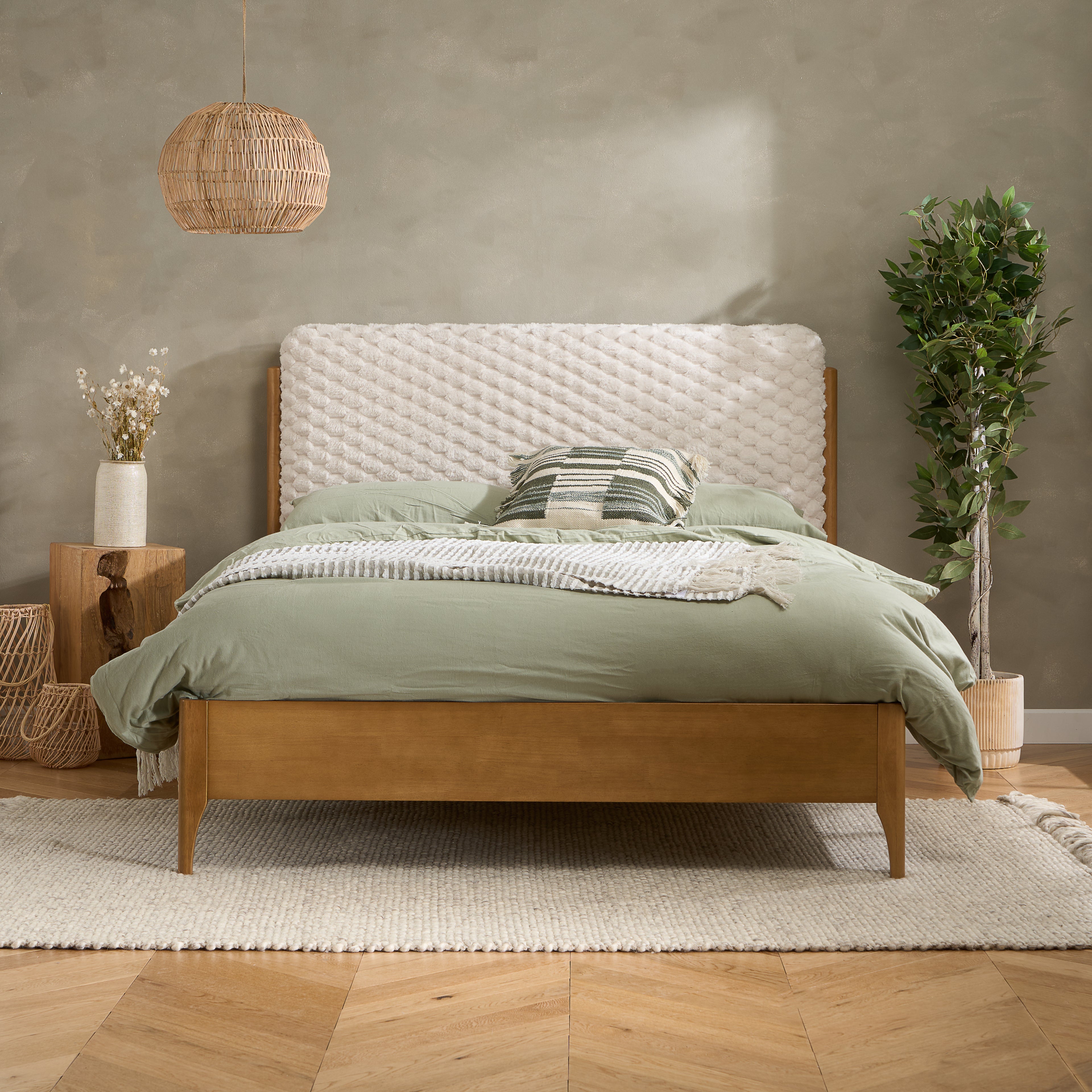 BIRLEA Hatti DOUBLE Bed in White Faux Fur and Natural Wood
