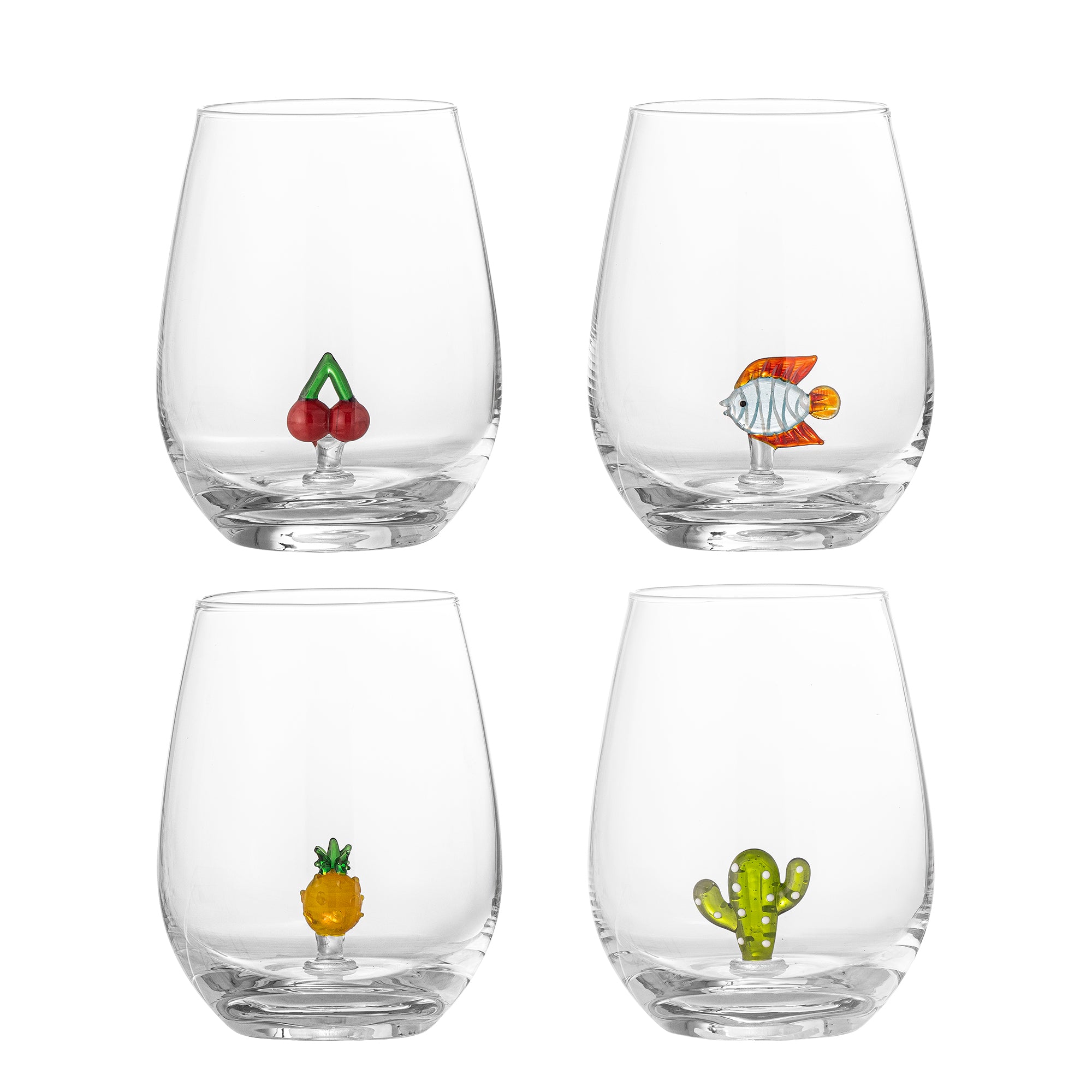 BLOOMINGVILLE Misa Mouthblown Handmade Drinking Glasses/Tumblers with Glass Figures, Set of 4, Clear, Glass