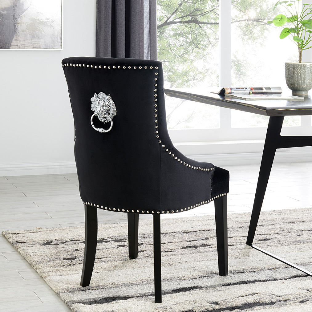 DERRYS Black Studded Lion Dining Chair With Statement Silver Lion Appliqué