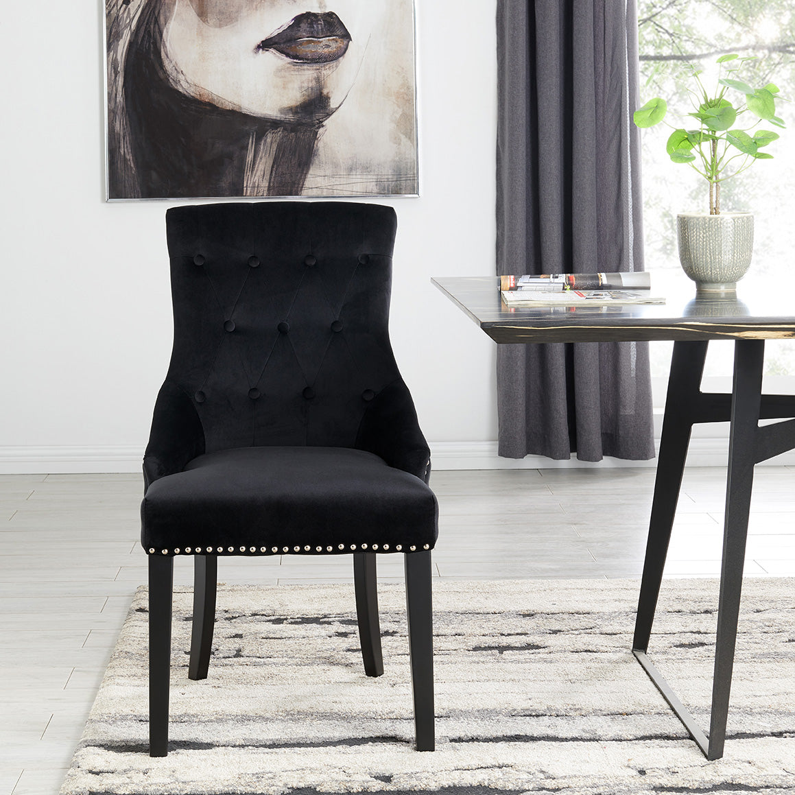 DERRYS Black Studded Lion Dining Chair With Statement Silver Lion Appliqué