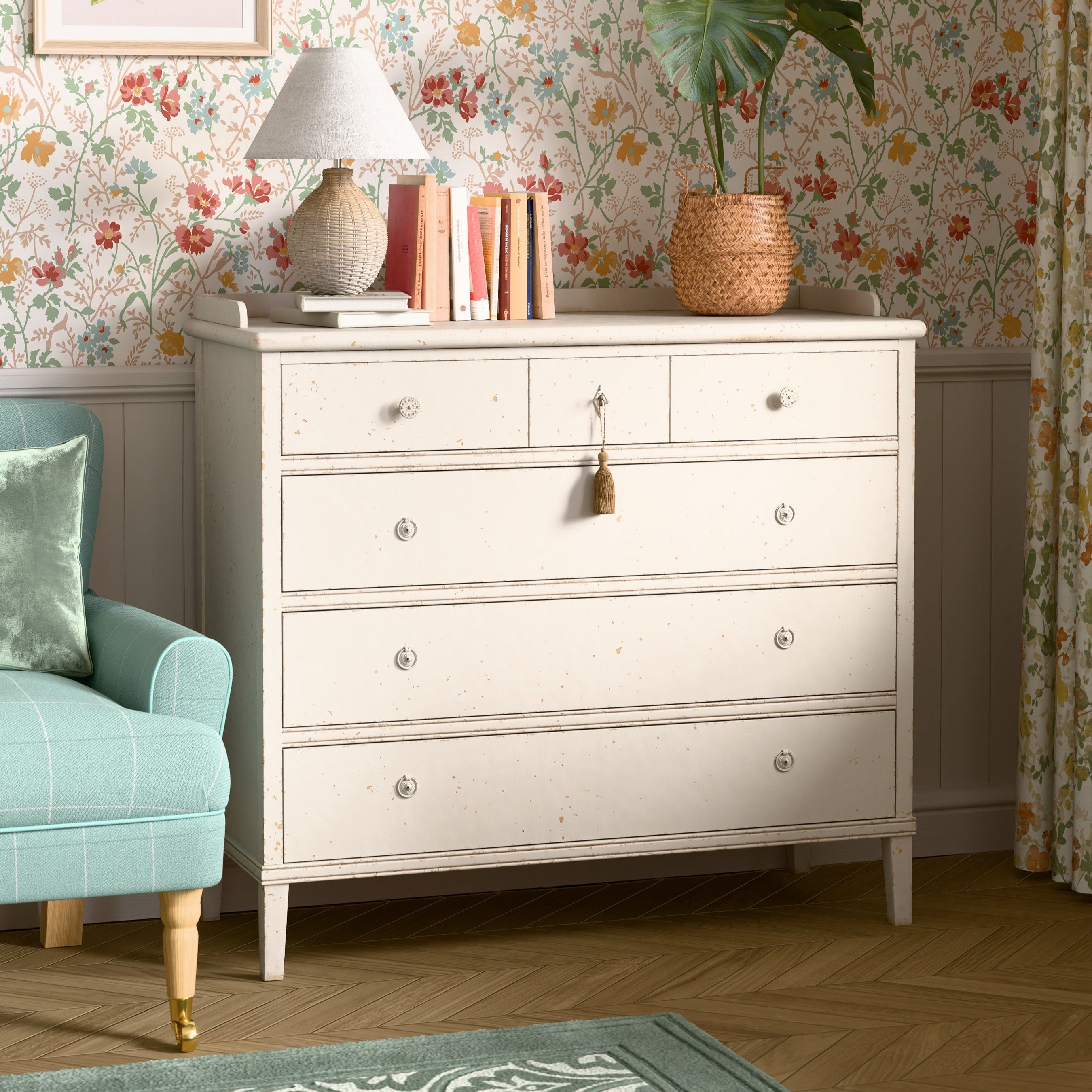 LAURA ASHLEY Annaside 3+3 Solid Poplar Chest of Drawers in Antique White, 104 x 113 cm - Regina Luxury Interiors