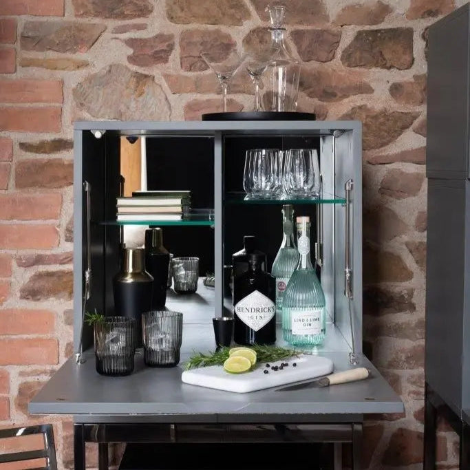 GILLMORE BRITISH DESIGN Adriana Drinks Cabinet, Dark Chrome & Grey
