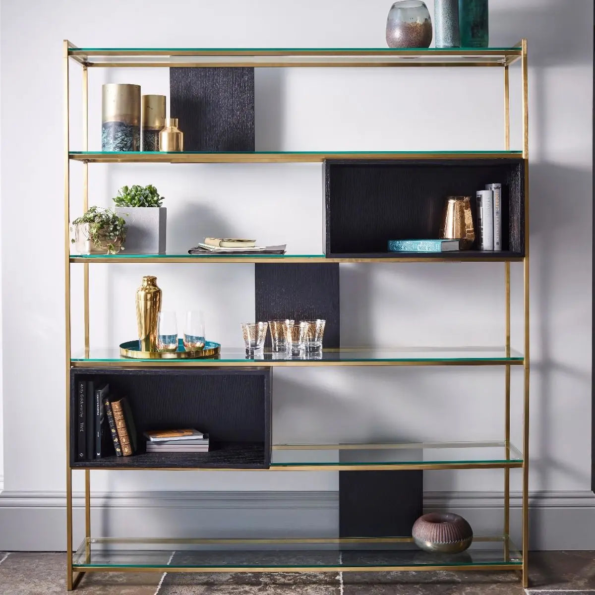 GILLMORE BRITISH DESIGN Federico High Bookcase, Gold Frame, Black Oak, 180.5 x 151.5 x 36 cm