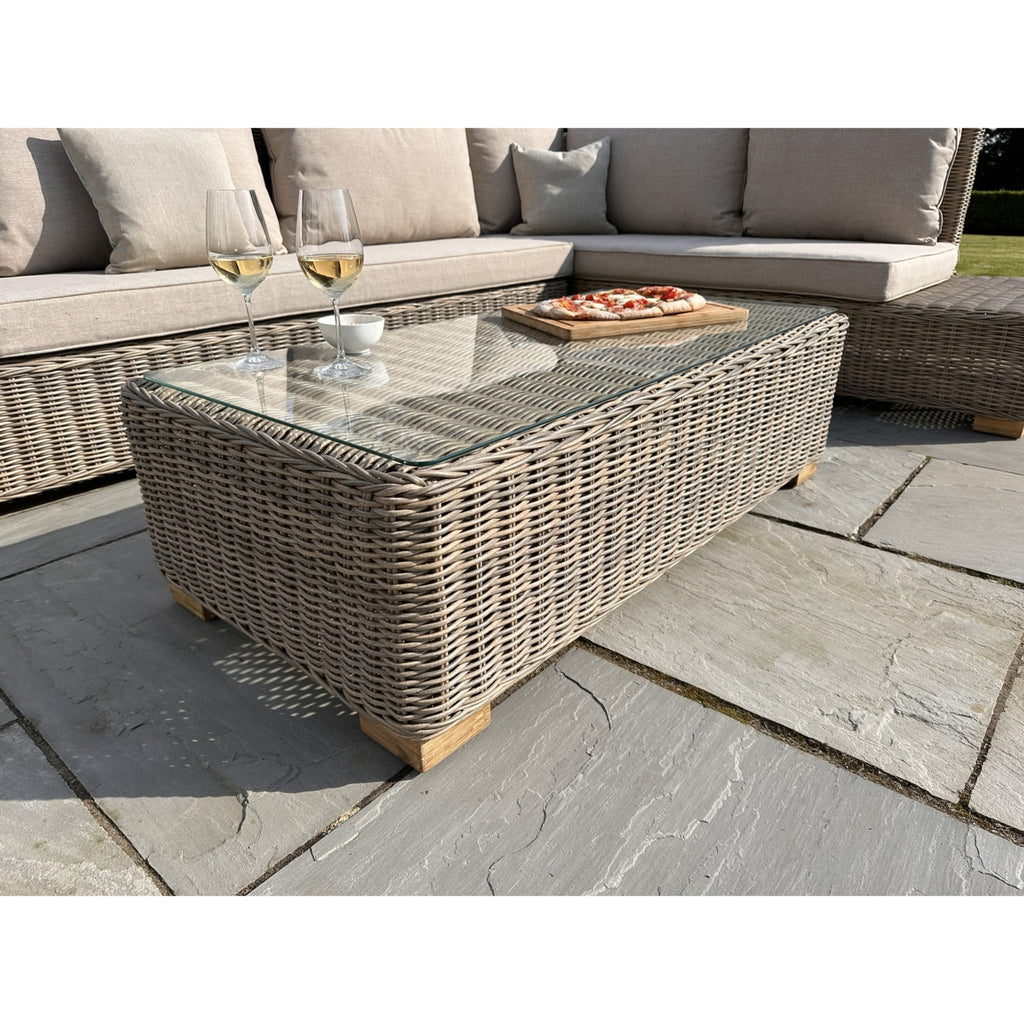 HILL INTERIORS Capri Outdoor Large Corner And Coffee Table Set in Rattan and Acacia, Rustproof and Weatherproof, UV Resistant, Beige 4