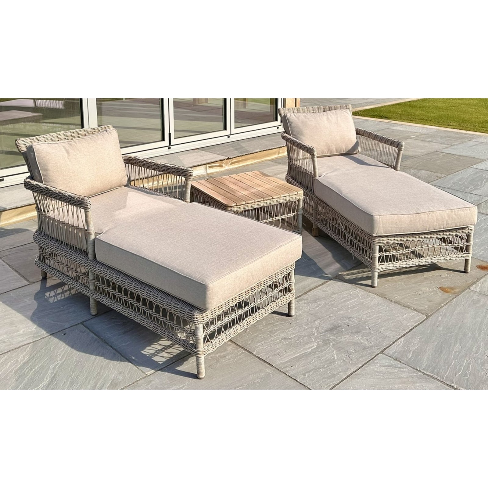 HILL INTERIORS Provence Outdoor Sun Lounger Set, Set of 2 Loungers and 1 Table in Rattan and Acacia, Weatherproof and Rustproof 1