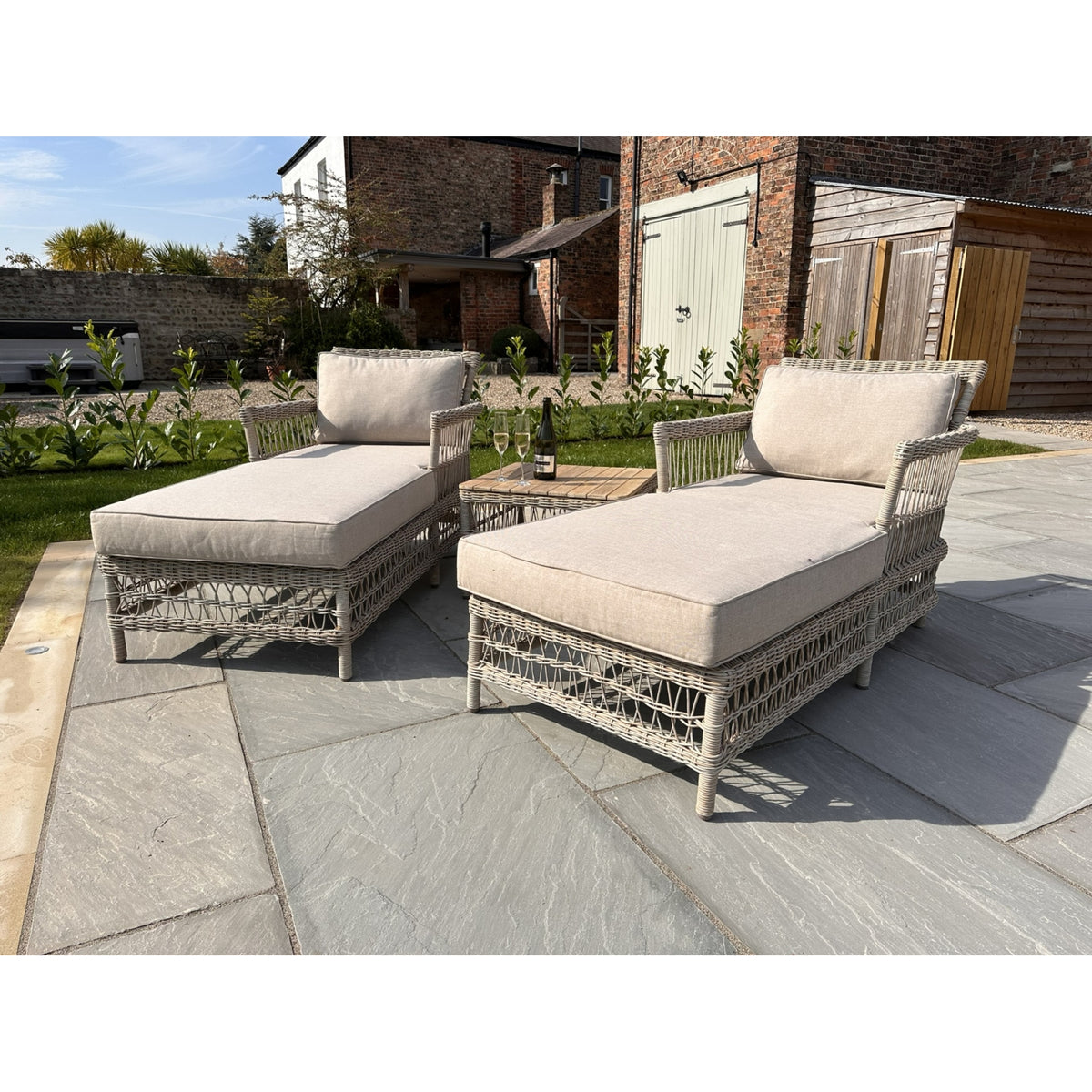 HILL INTERIORS Provence Outdoor Sun Lounger Set, Set of 2 Loungers and 1 Table in Rattan and Acacia, Weatherproof and Rustproof 2