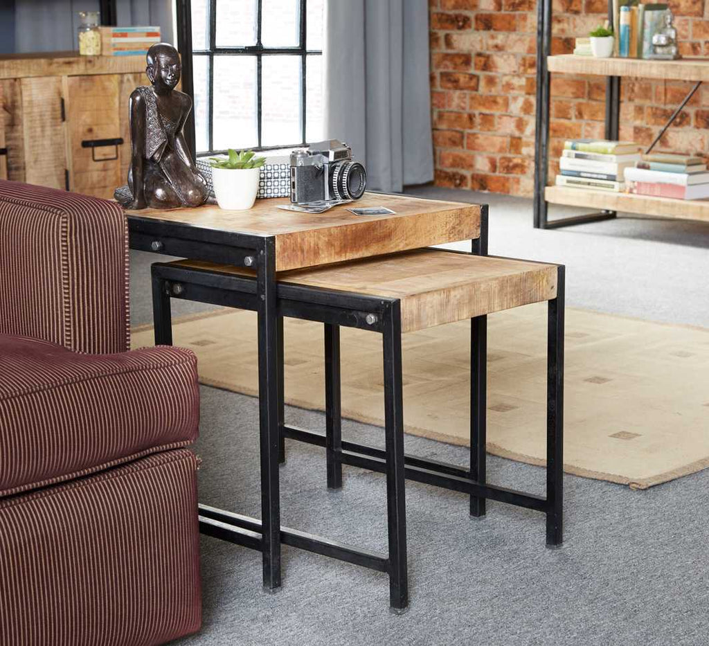 INDIAN HUB Cosmo Industrial Handcrafted Eco-Friendly Nest of 2 Tables in Reclaimed Wood and Metal