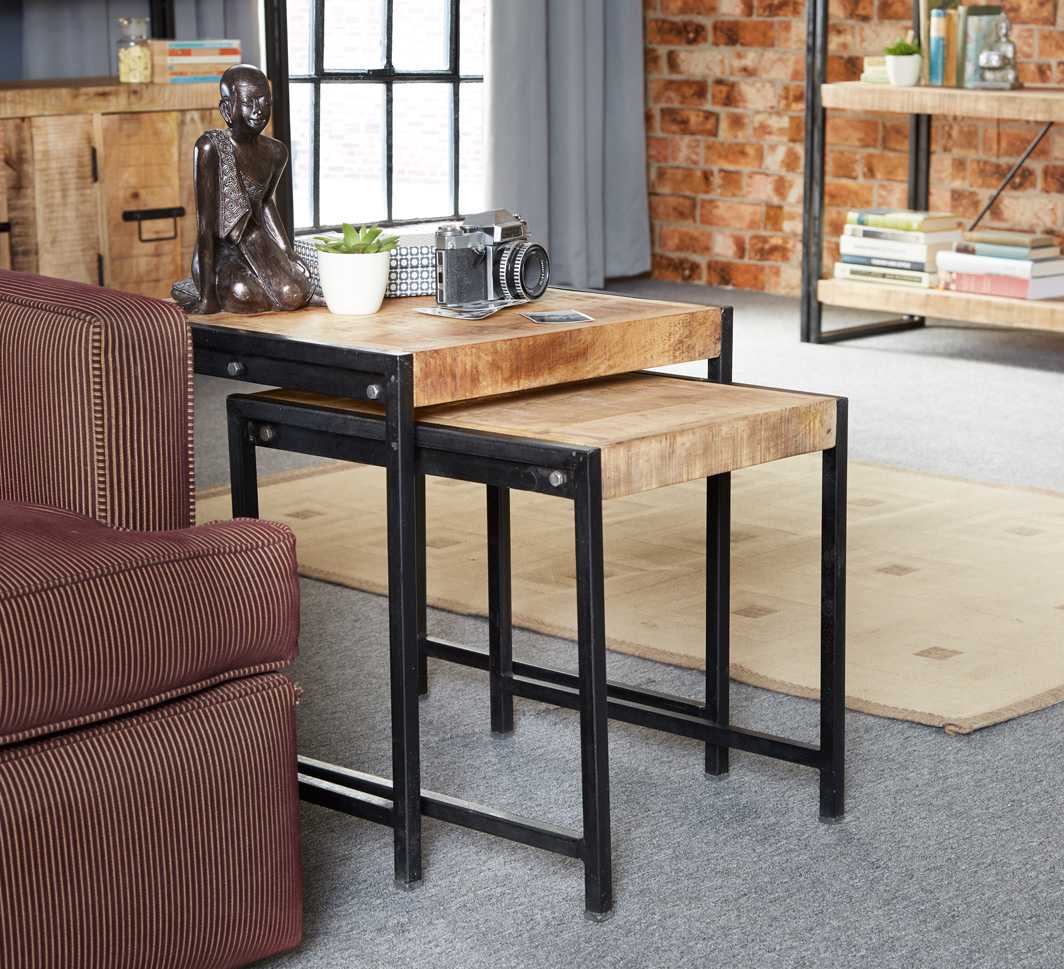 INDIAN HUB Cosmo Industrial Handcrafted Eco-Friendly Nest of 2 Tables in Reclaimed Wood and Metal