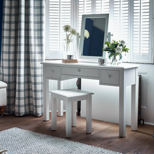 LAURA ASHLEY Ashwell Cotton-White 3-Drawer Dressing Table and Stool in Sturdy Wood