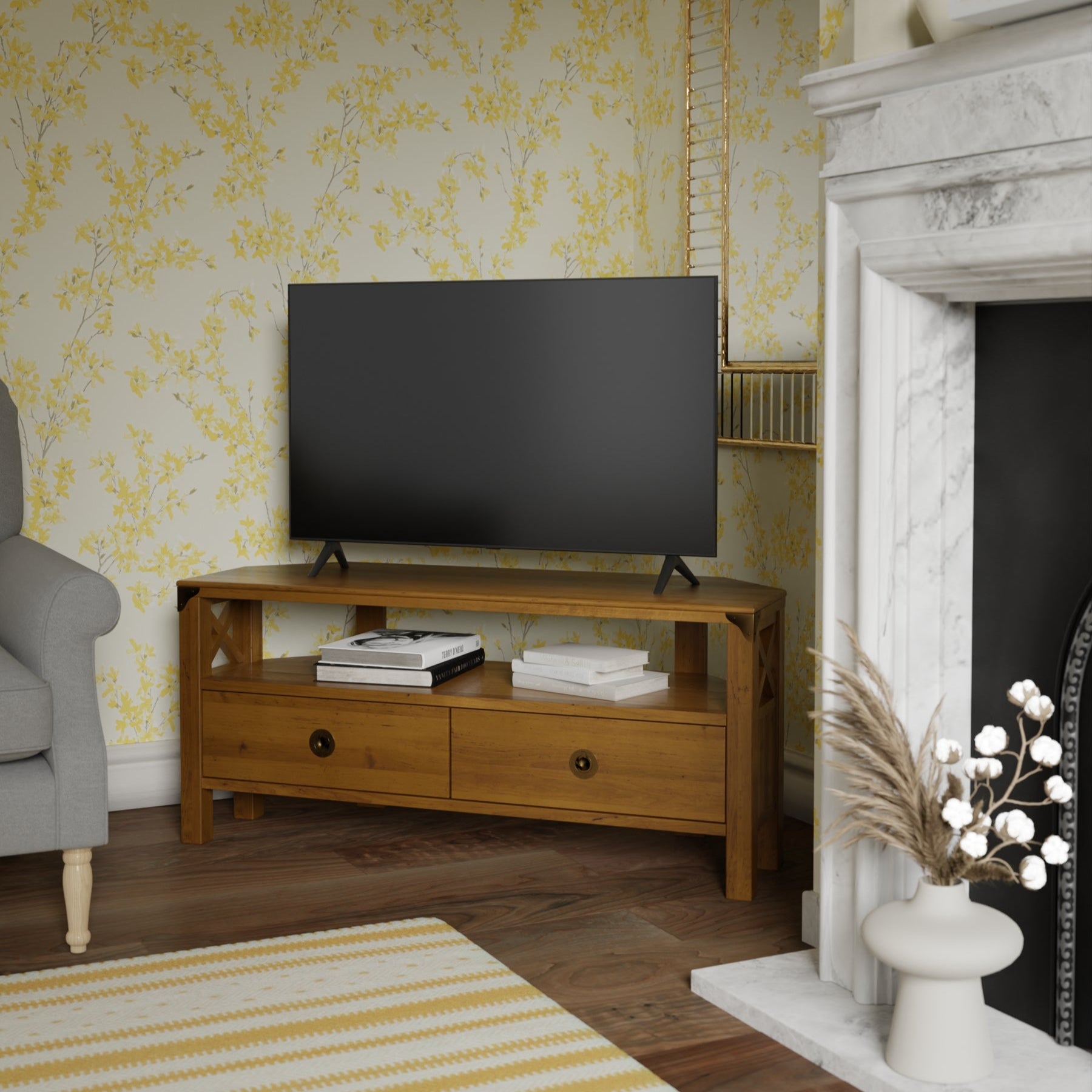 LAURA ASHLEY Balmoral 2-Drawer Honey Corner TV Unit in Birch