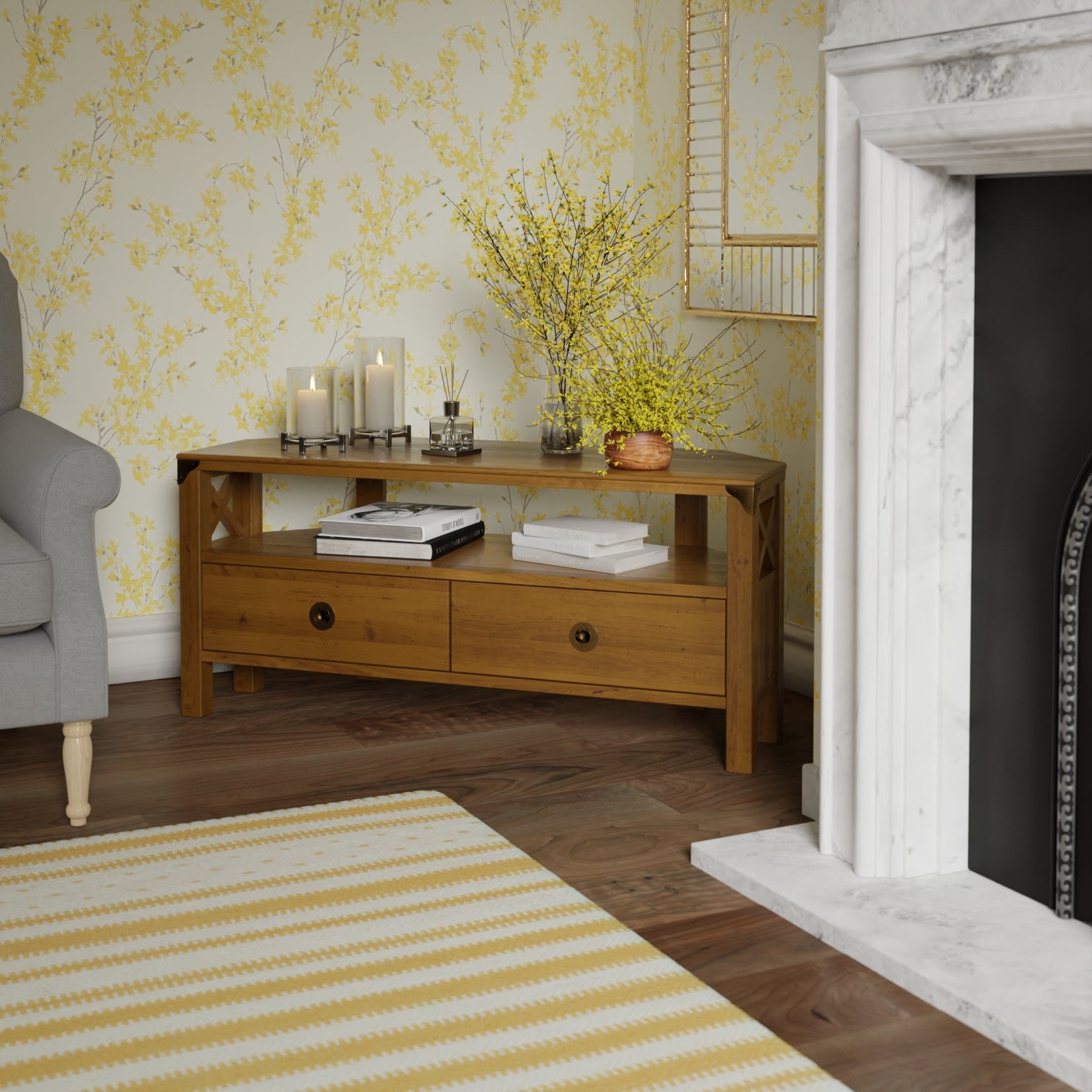 LAURA ASHLEY Balmoral 2-Drawer Honey Corner TV Unit in Birch