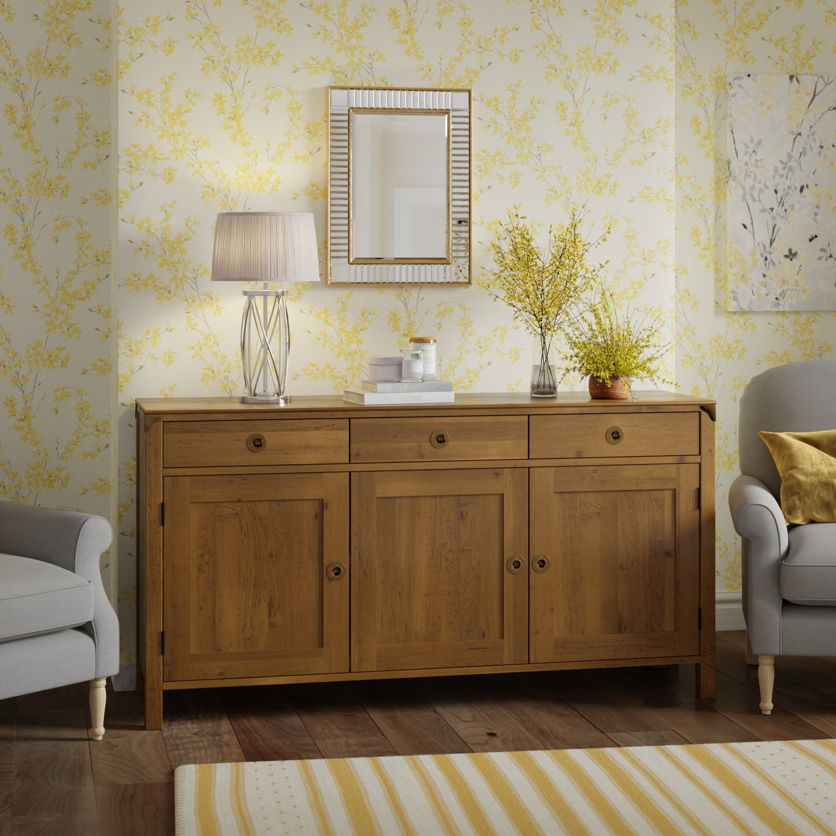 LAURA ASHLEY Balmoral 3-Door 3-Drawer Honey Sideboard in Birch, 160 x 85 x 45 cm