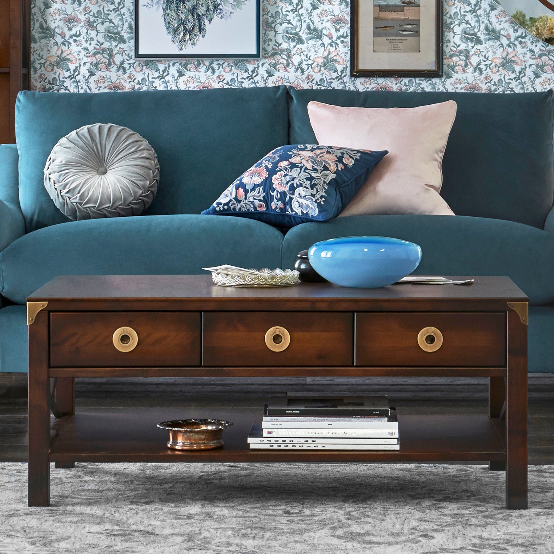 LAURA ASHLEY Balmoral 3-Drawer Dark Chestnut Coffee Table in Birch, 110 x 60 x 47 cm