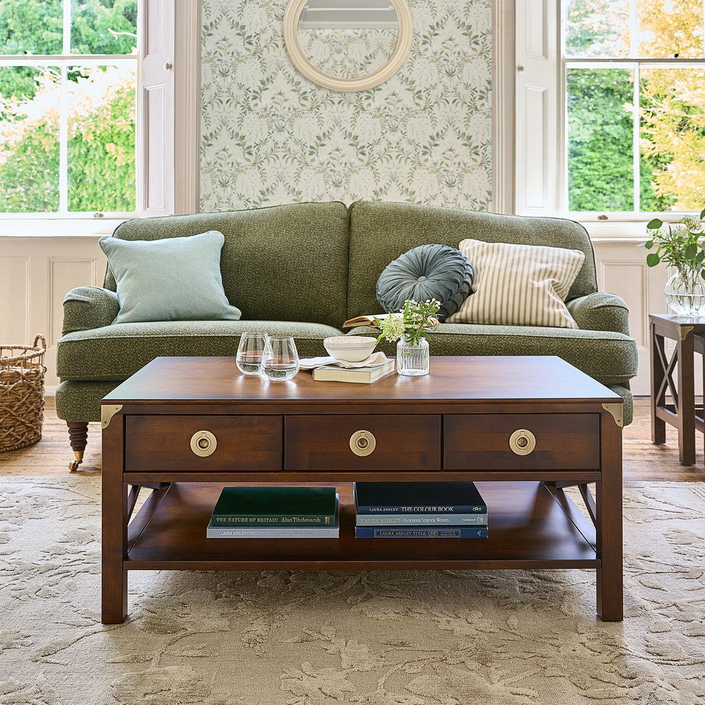 LAURA ASHLEY Balmoral 3-Drawer Dark Chestnut Coffee Table in Birch, 110 x 60 x 47 cm
