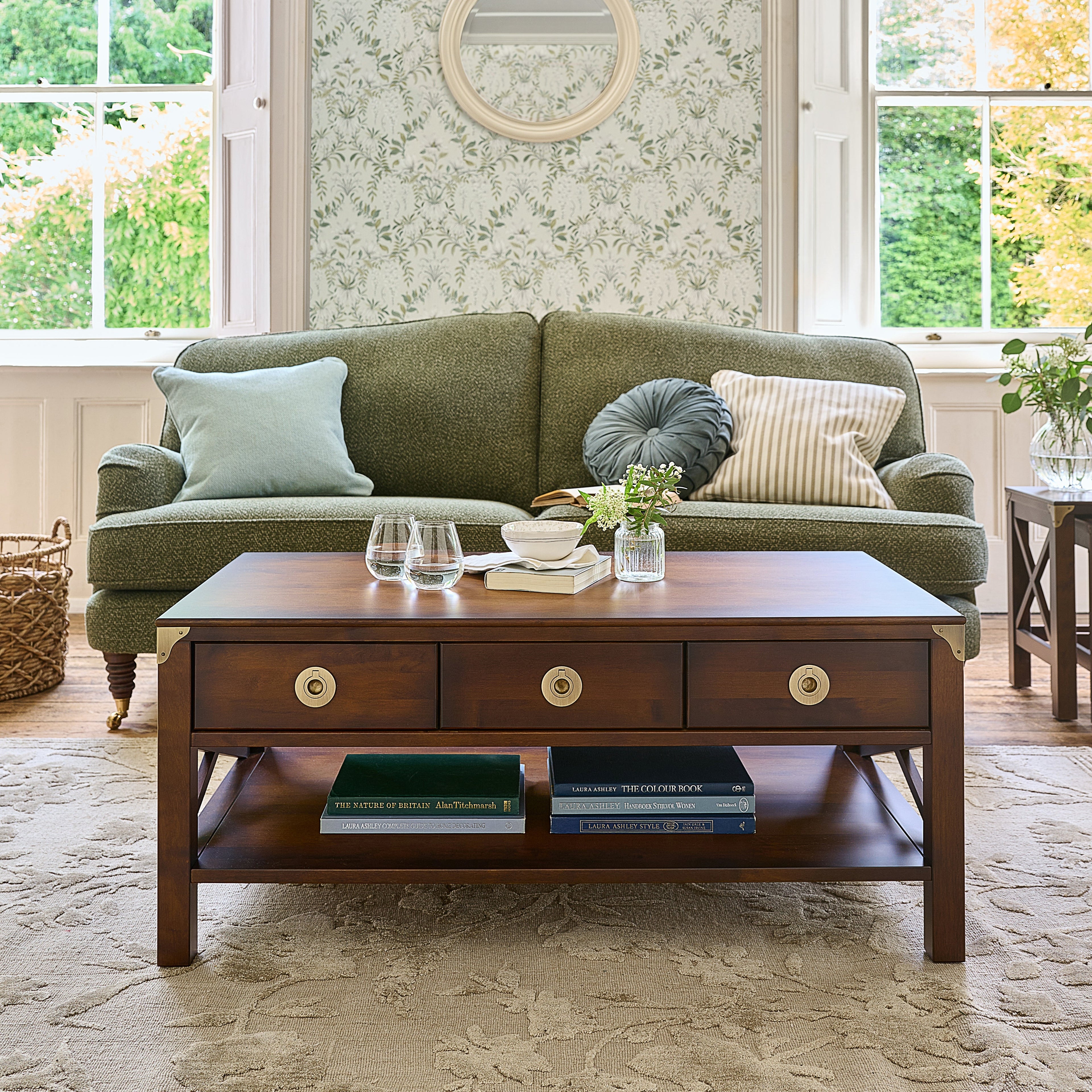 LAURA ASHLEY Balmoral 3-Drawer Dark Chestnut Coffee Table in Birch, 110 x 60 x 47 cm