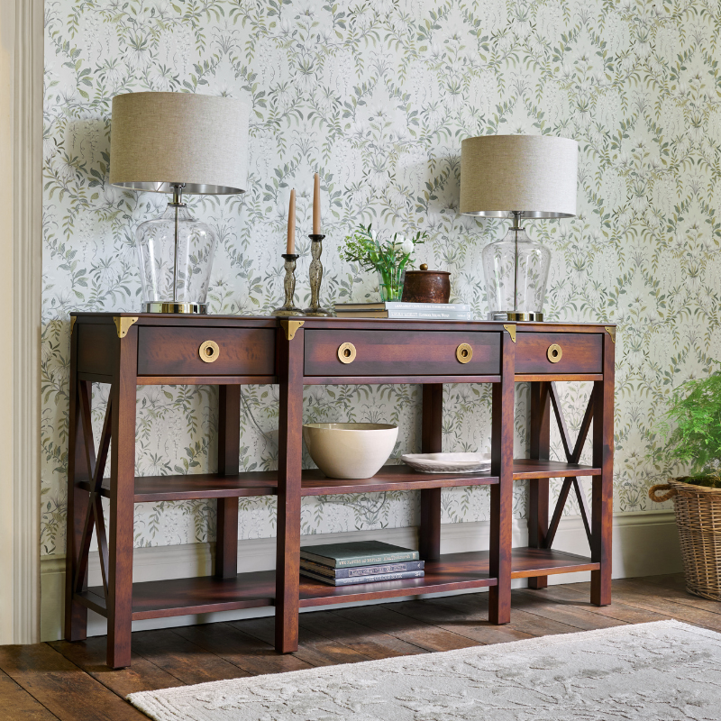 LAURA ASHLEY Balmoral 3-Drawer Dark Chestnut Triple Console Table in Birch
