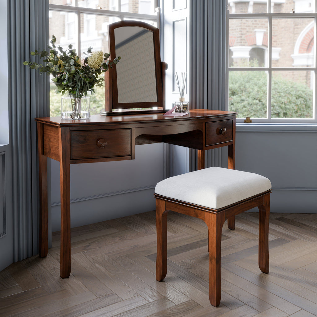 LAURA ASHLEY Broughton Dark 2-Drawer Dressing Table Set with Table, Stool and Mirror, in Solid Birch, 136 x 121 x 46 cm