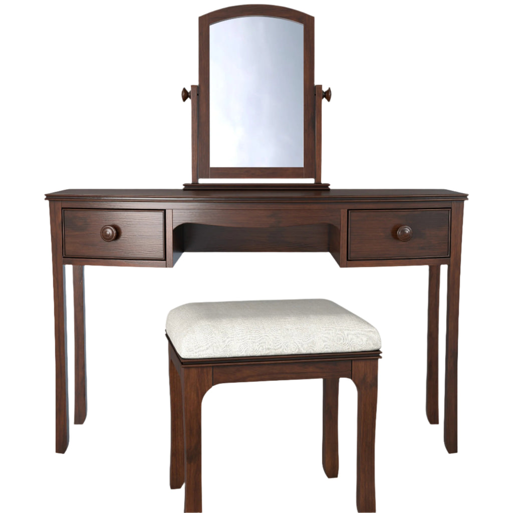 LAURA ASHLEY Broughton Dark 2-Drawer Dressing Table Set with Table, Stool and Mirror, in Solid Birch, 136 x 121 x 46 cm