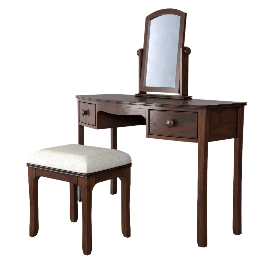 LAURA ASHLEY Broughton Dark 2-Drawer Dressing Table Set with Table, Stool and Mirror, in Solid Birch, 136 x 121 x 46 cm