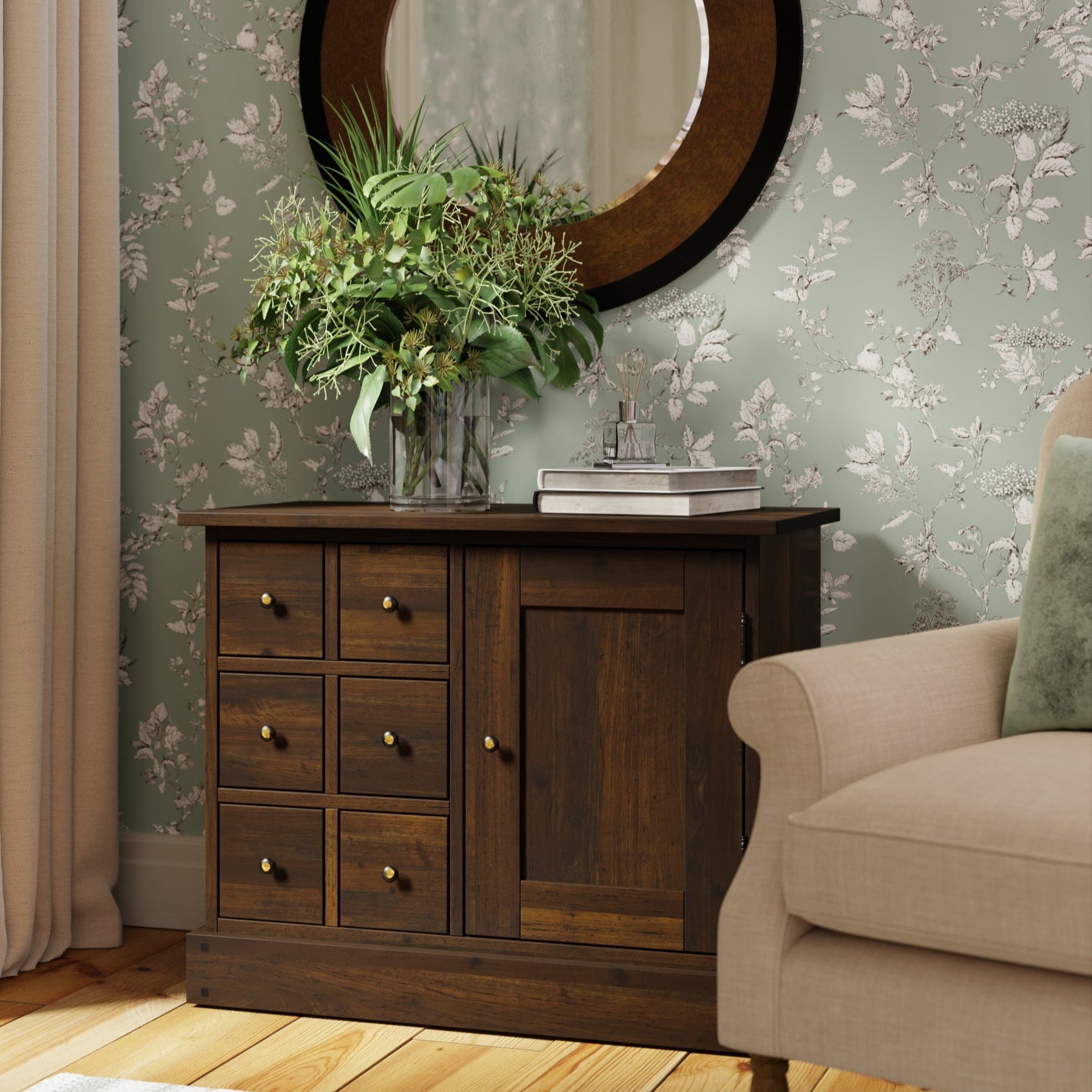 LAURA ASHLEY Garrat 1-Door 6-Drawer Sideboard, Dark Chestnut, Solid Birch, 87 x 70 x 43 cm