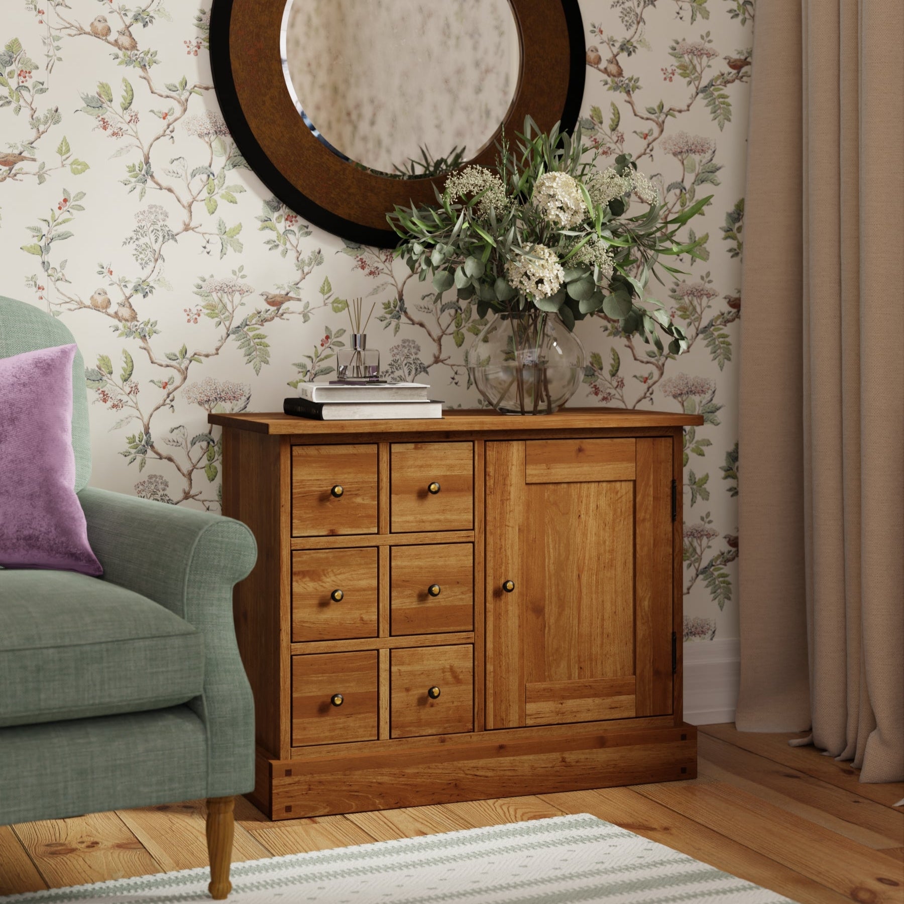 LAURA ASHLEY Garrat 1-Door 6-Drawer Sideboard, Honey, Solid Birch, 87 x 70 x 43 cm