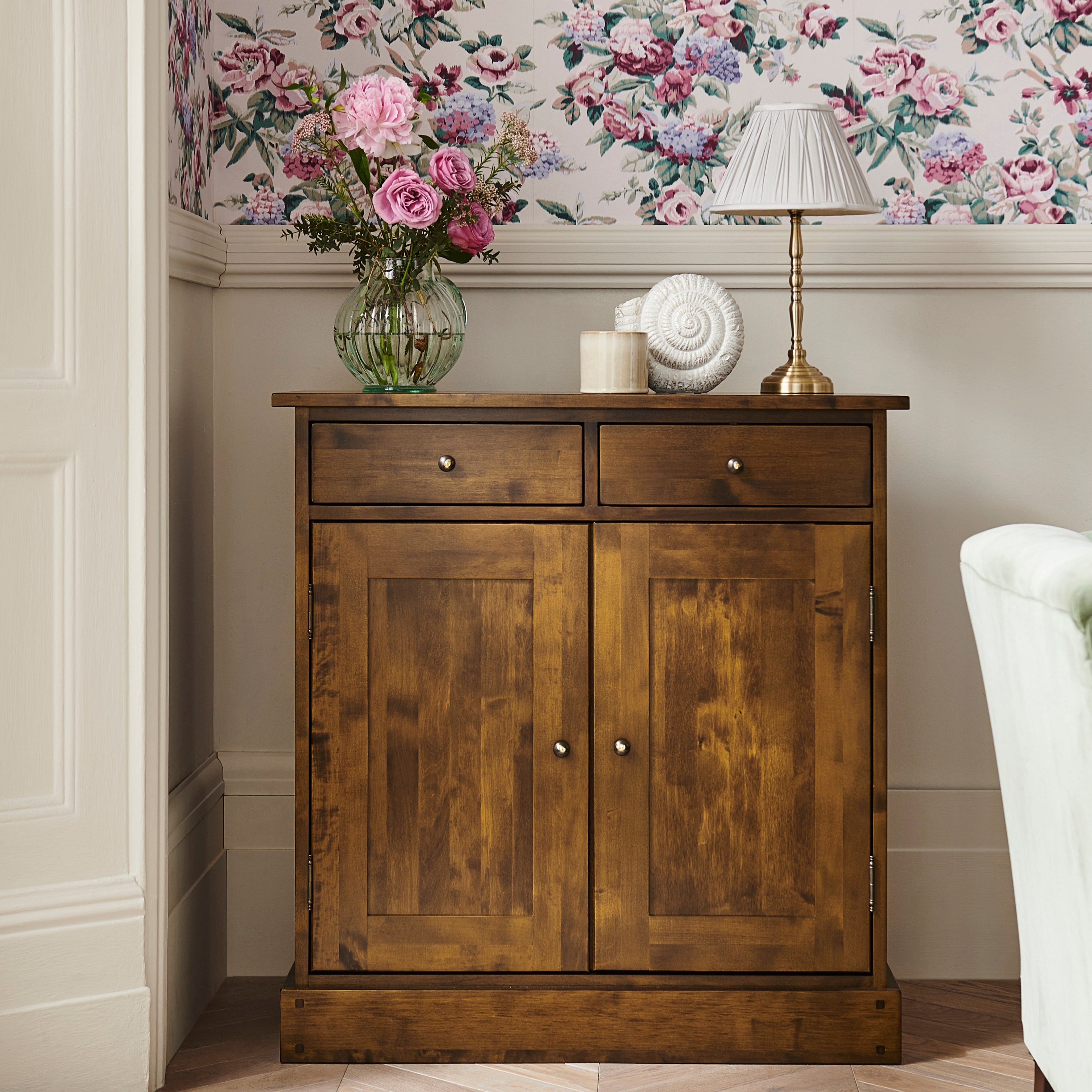 LAURA ASHLEY Garrat 2-Door 2-Drawer Narrow Sideboard, Dark Chestnut, Solid Birch, 95 x 90 x 43 cm