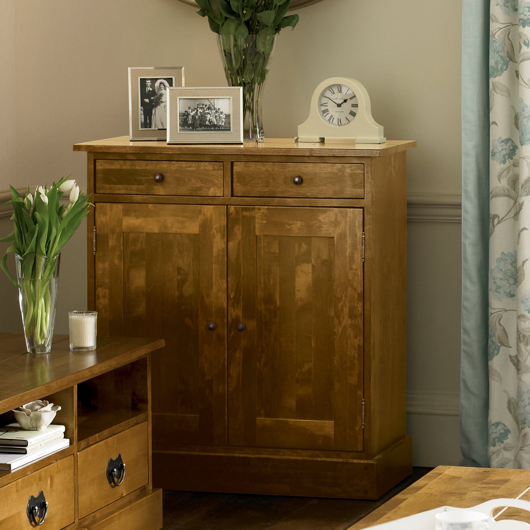 LAURA ASHLEY Garrat 2-Door 2-Drawer Narrow Sideboard, Honey, Solid Birch, 95 x 90 x 43 cm