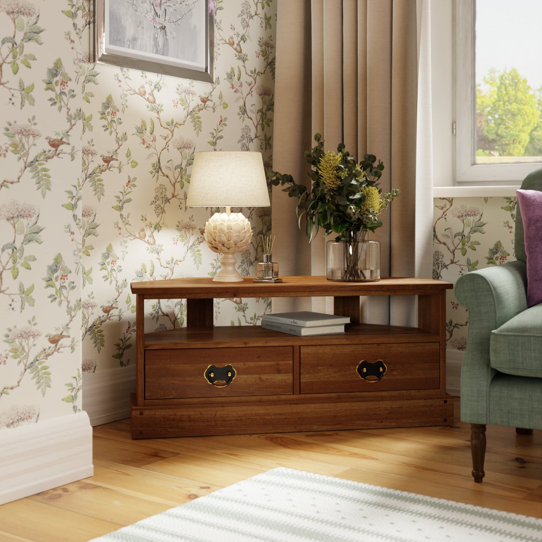 LAURA ASHLEY Garrat 2-Drawer Honey Corner TV Unit in Solid Birch