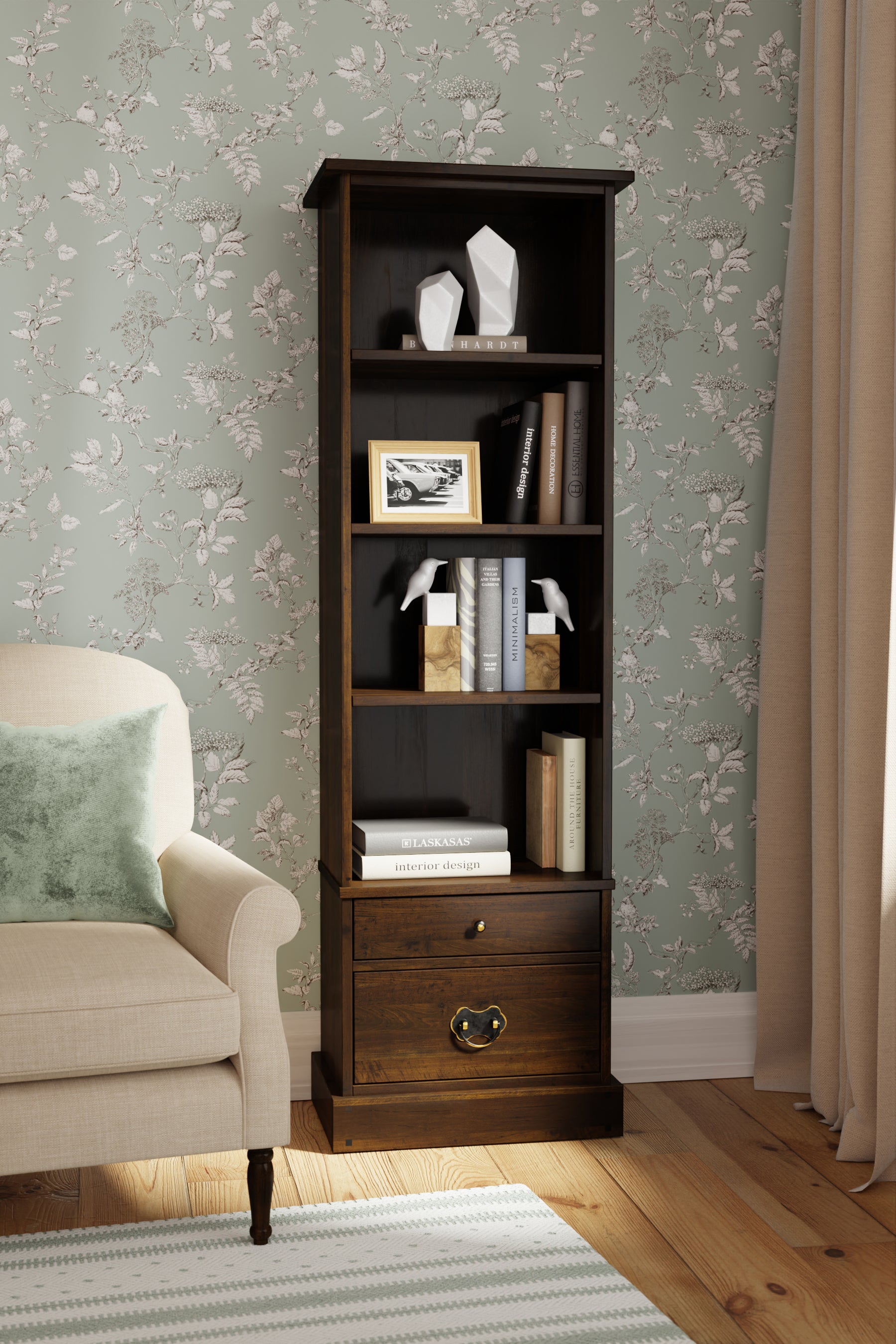 LAURA ASHLEY Garrat | 2-Drawer Single Bookcase | Dark Chestnut | Birch