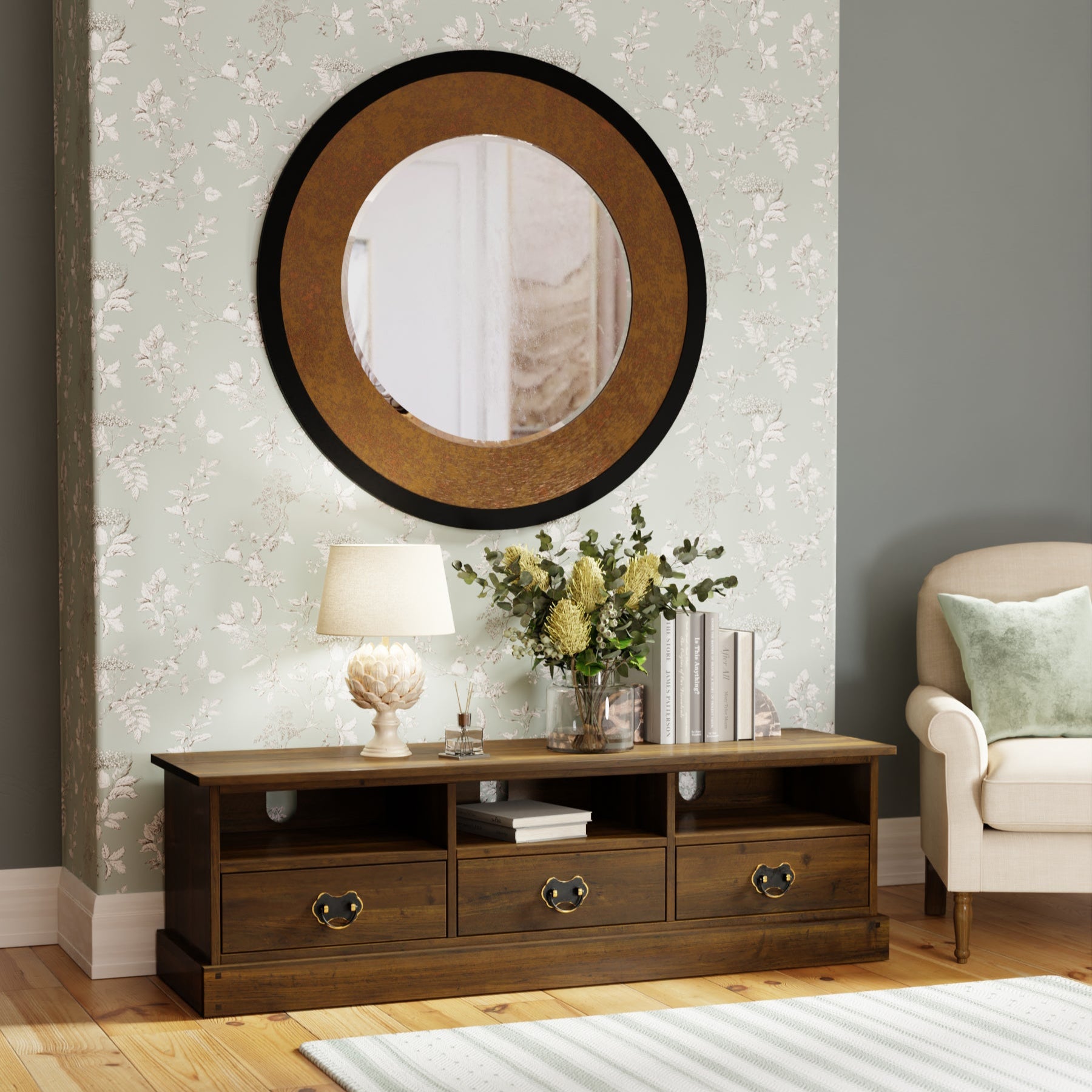 LAURA ASHLEY Garrat | 3-Drawer Wide TV Unit | Honey | Dark Chestnut